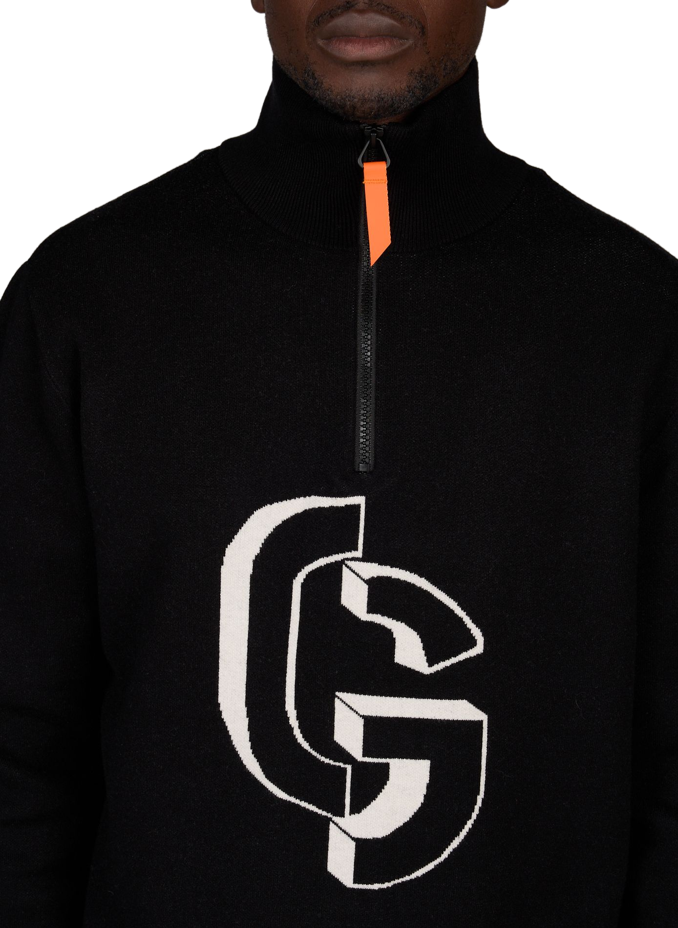 Straight-cut sweater with high collar and zippered pattern. GERTRUDE Black