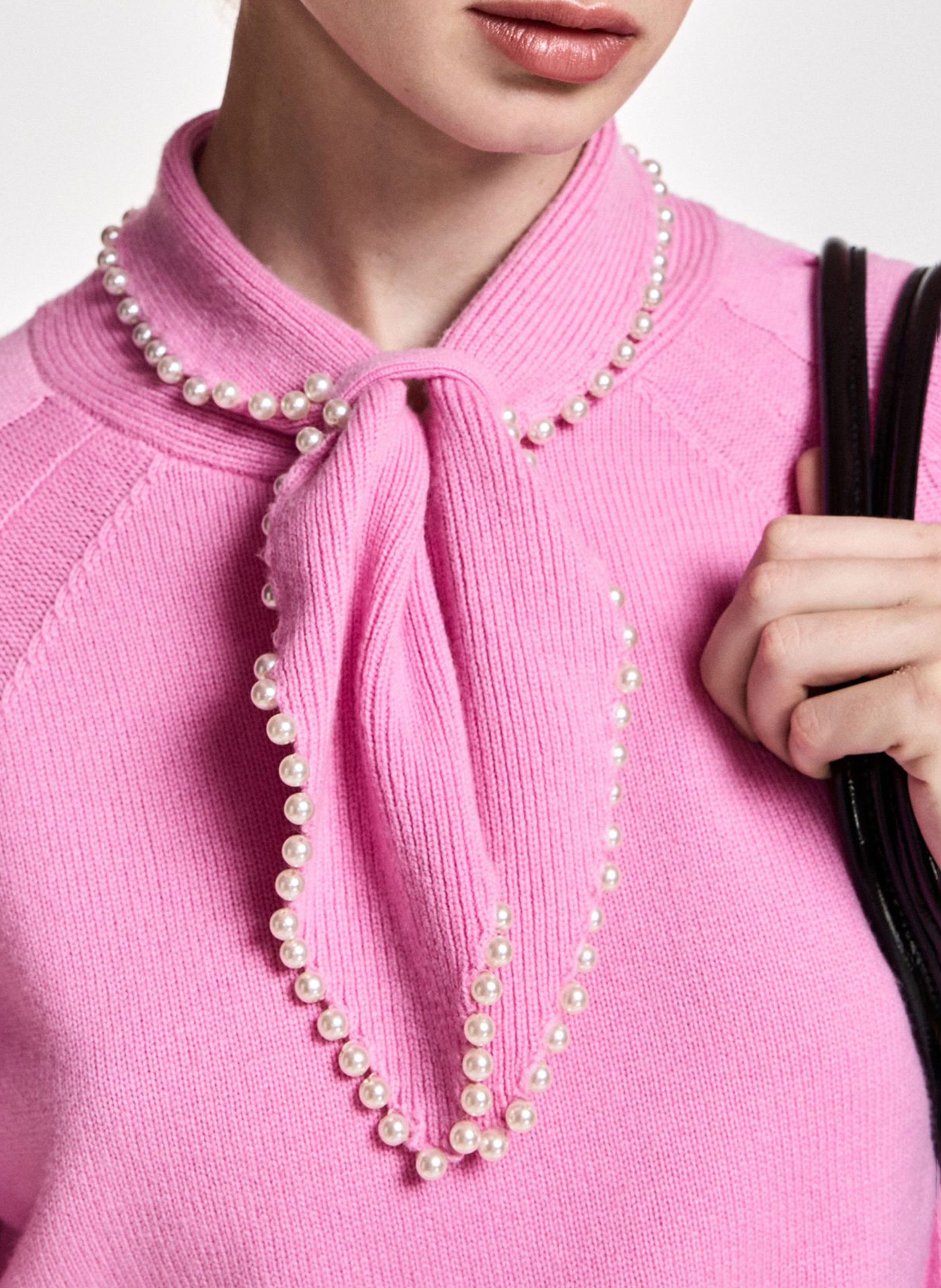 Pull droit col lavallière en laine et cachemire kasa ESSENTIEL ANTWERP Rose