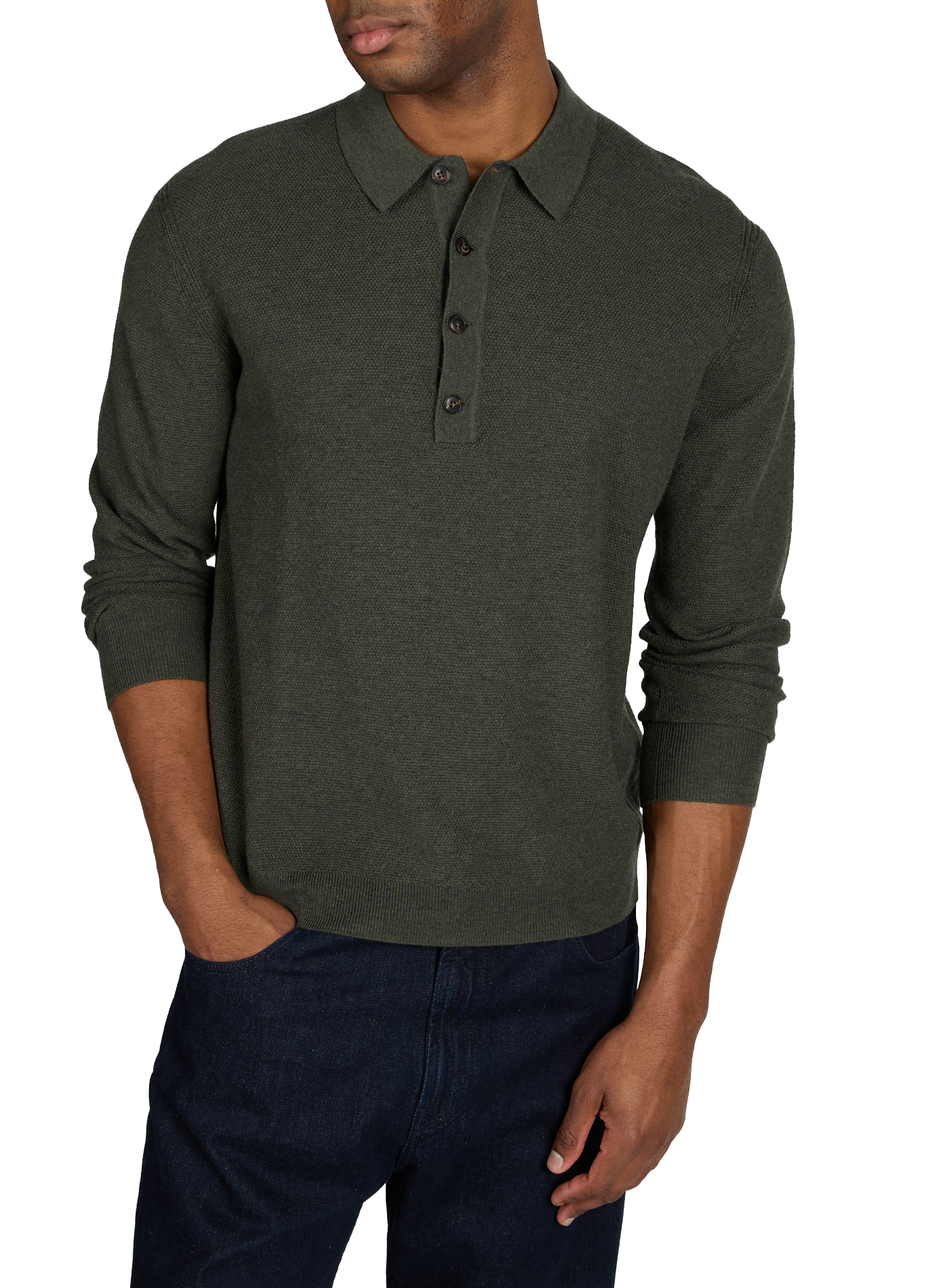 Pull col polo en laine mérinos et coton HACKETT Vert