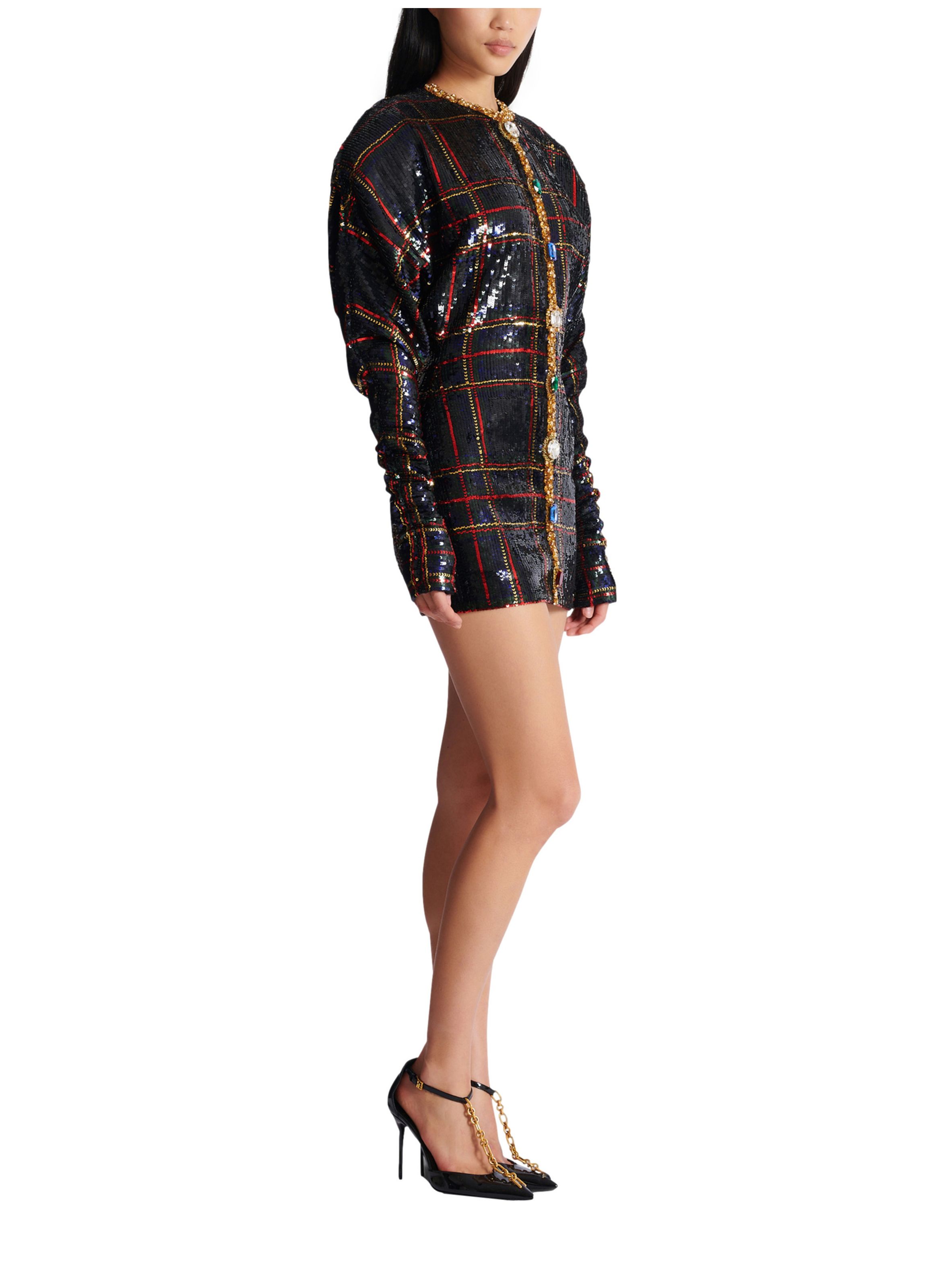 Robe courte brodée en tartan BALMAIN Noir