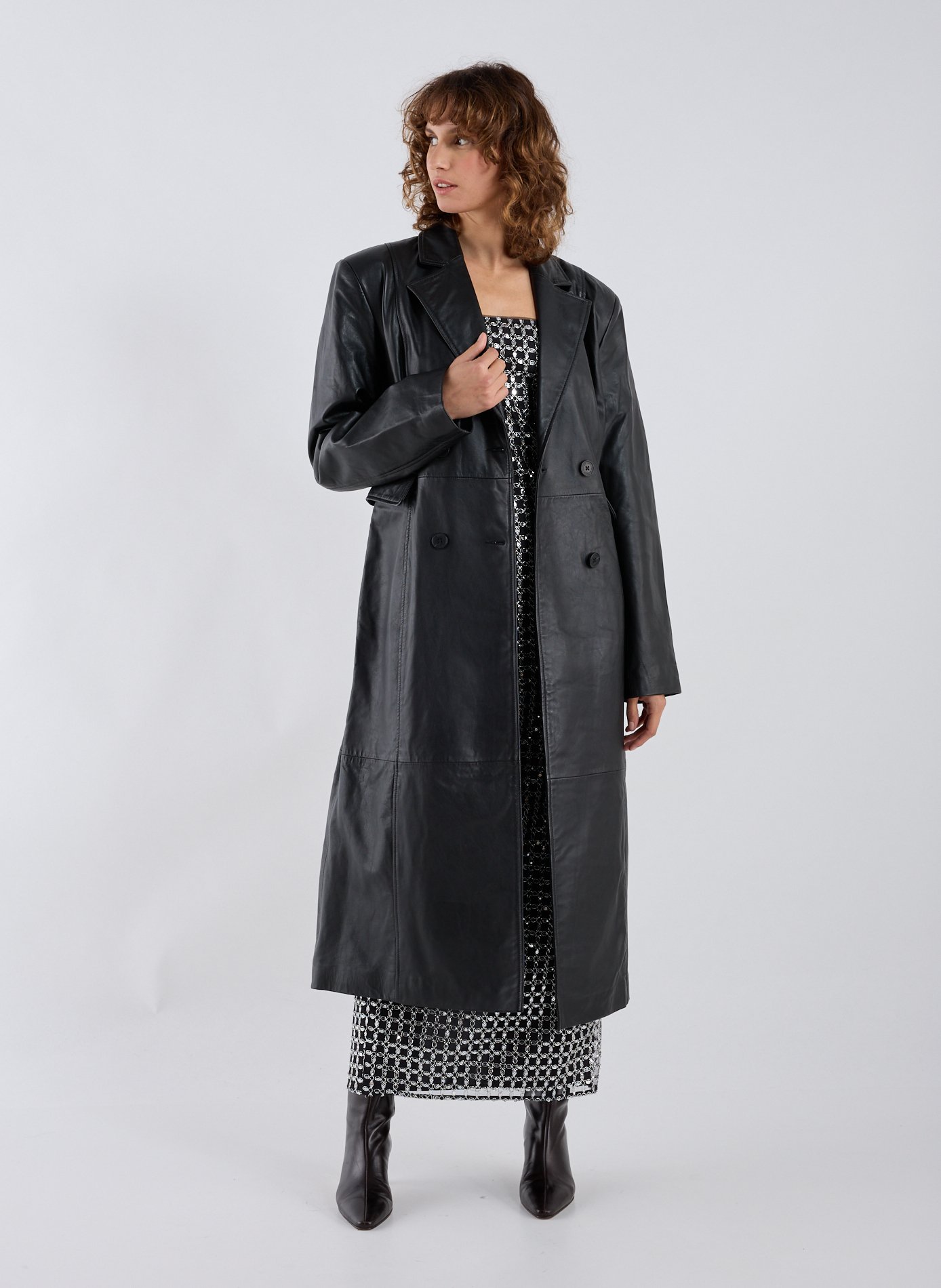 Manteau col tailleur en cuir ROTATE Noir