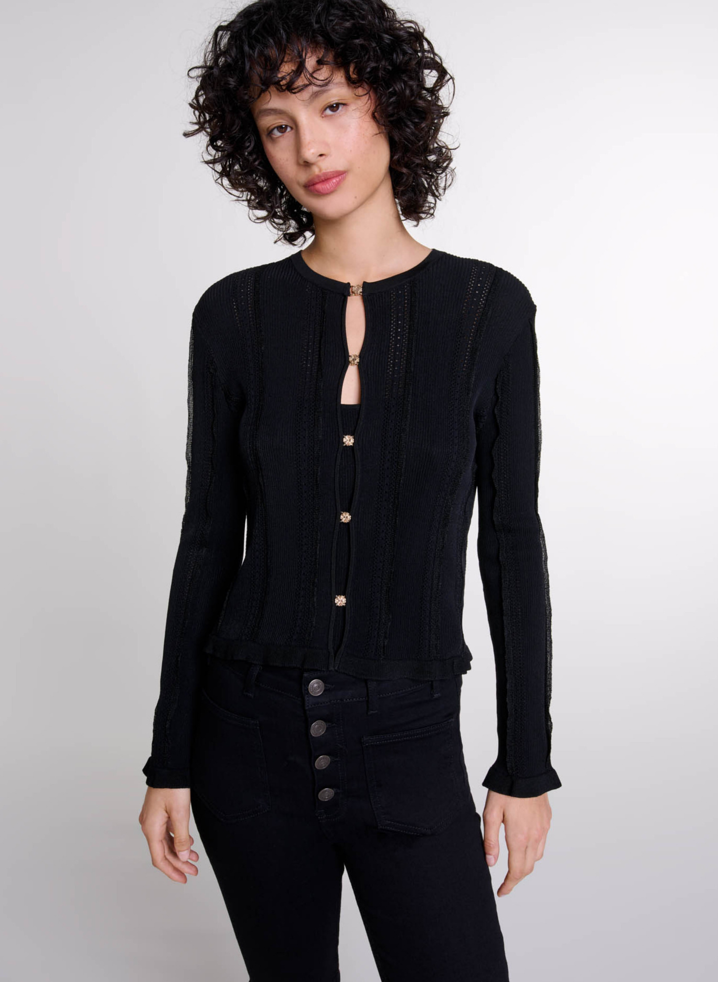 Cardigan droit col rond en maille ajourée MAJE Noir