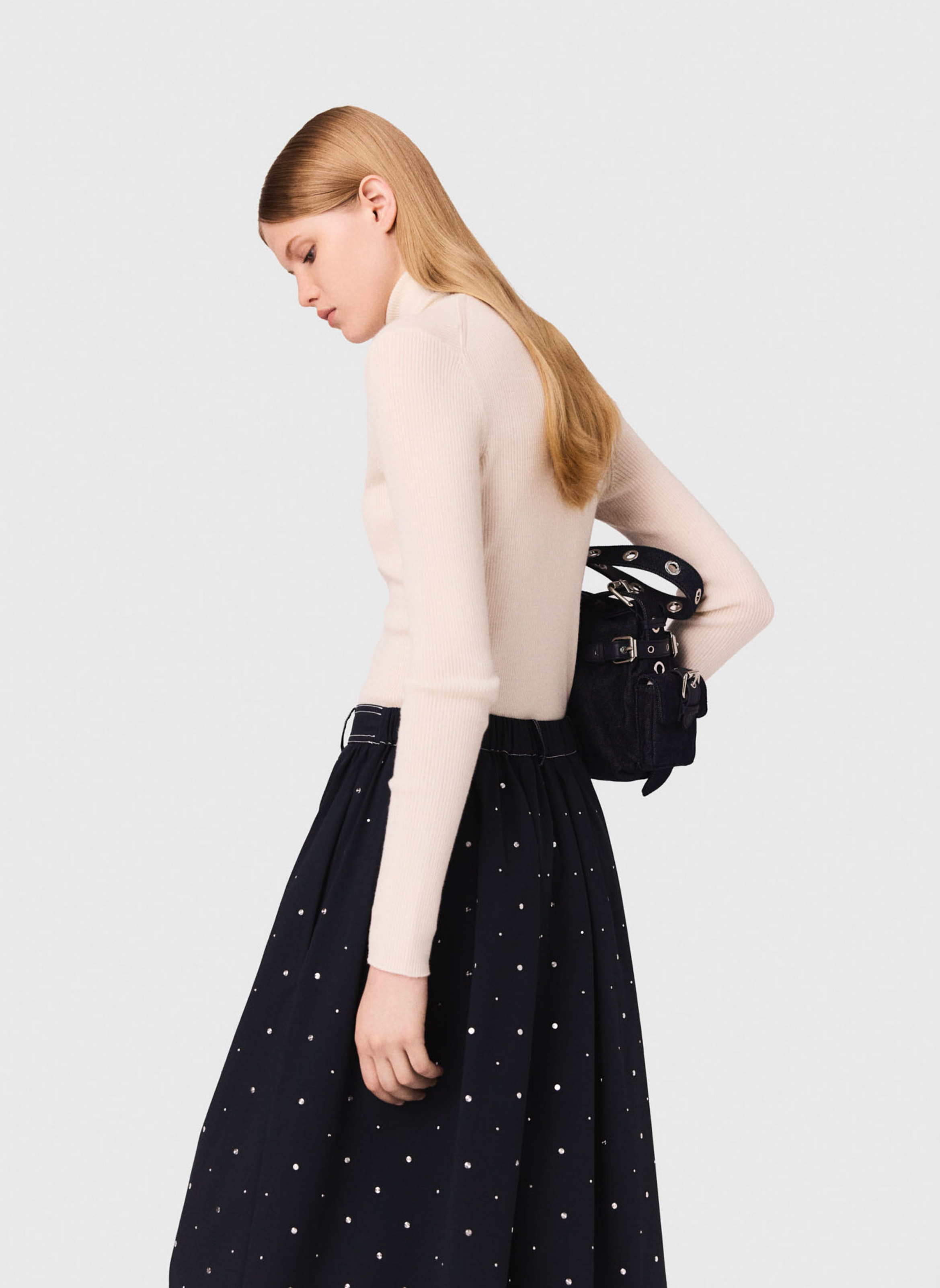 Pull col roulé en laine et en soie mélangés Beige