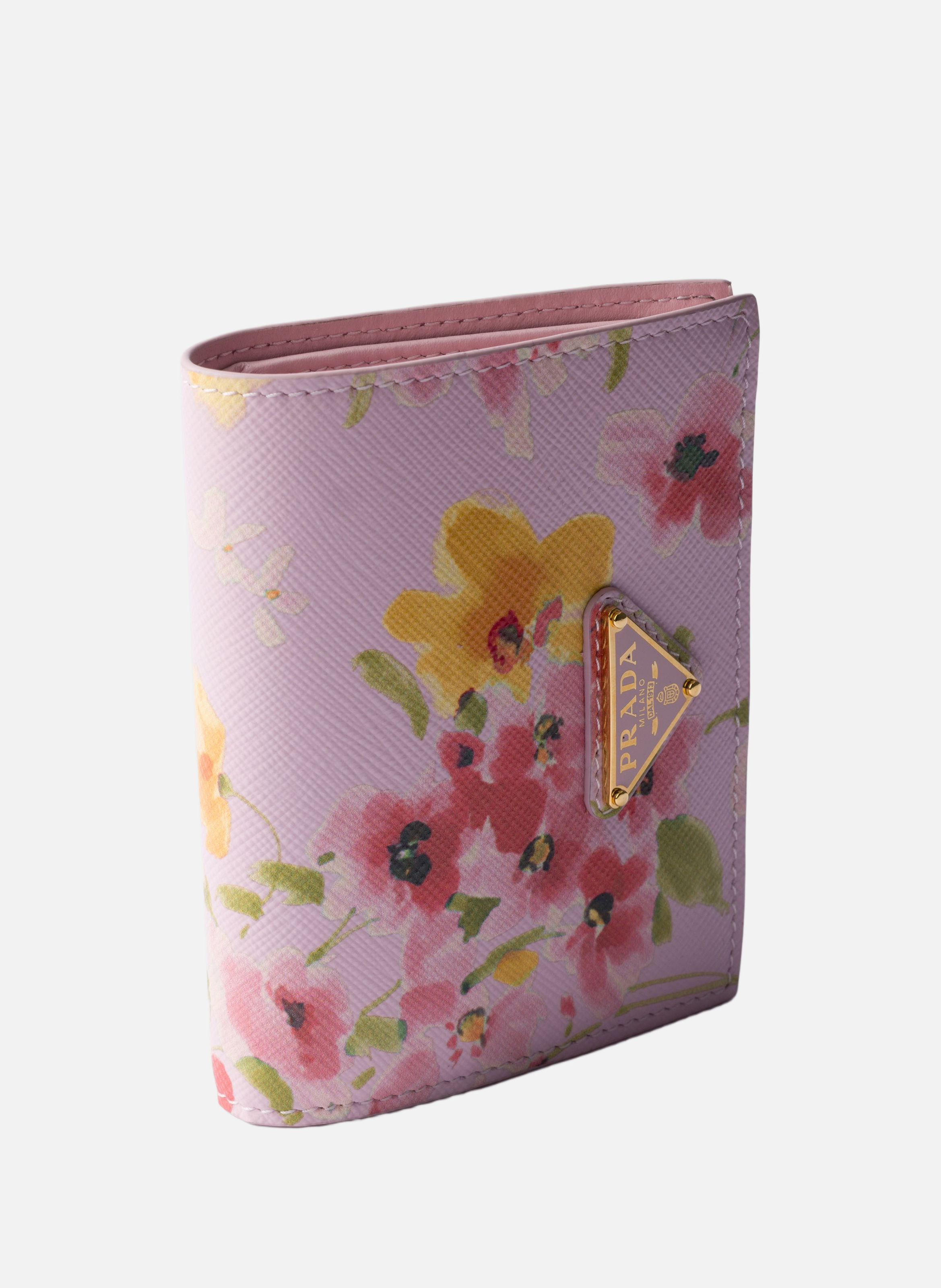 Petit portefeuille en cuir saffiano à imprimé flor PRADA Rose