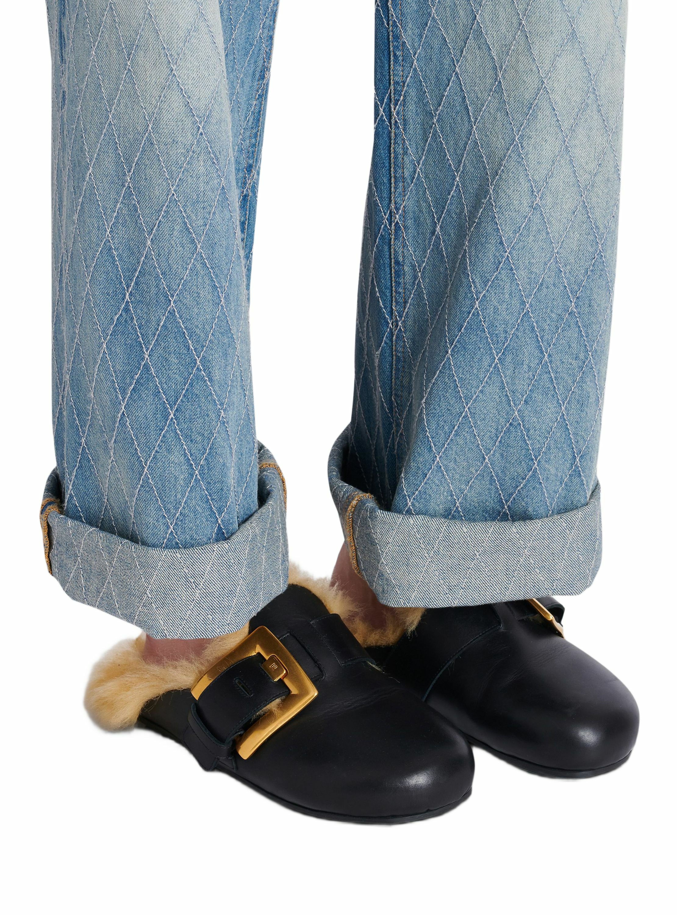 Mules plates en cuir et fausse fourrure BALMAIN Noir