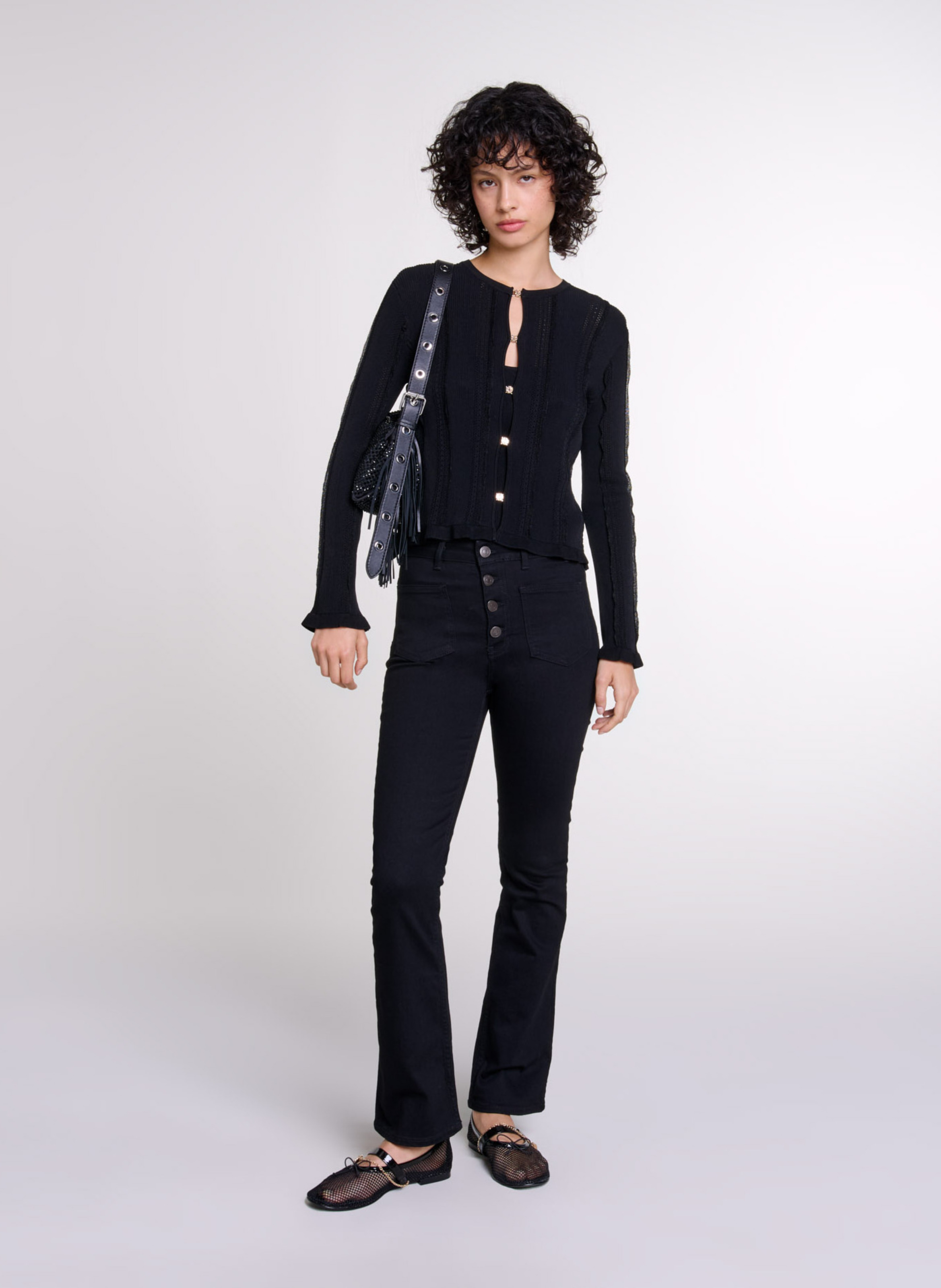 Cardigan droit col rond en maille ajourée MAJE Noir