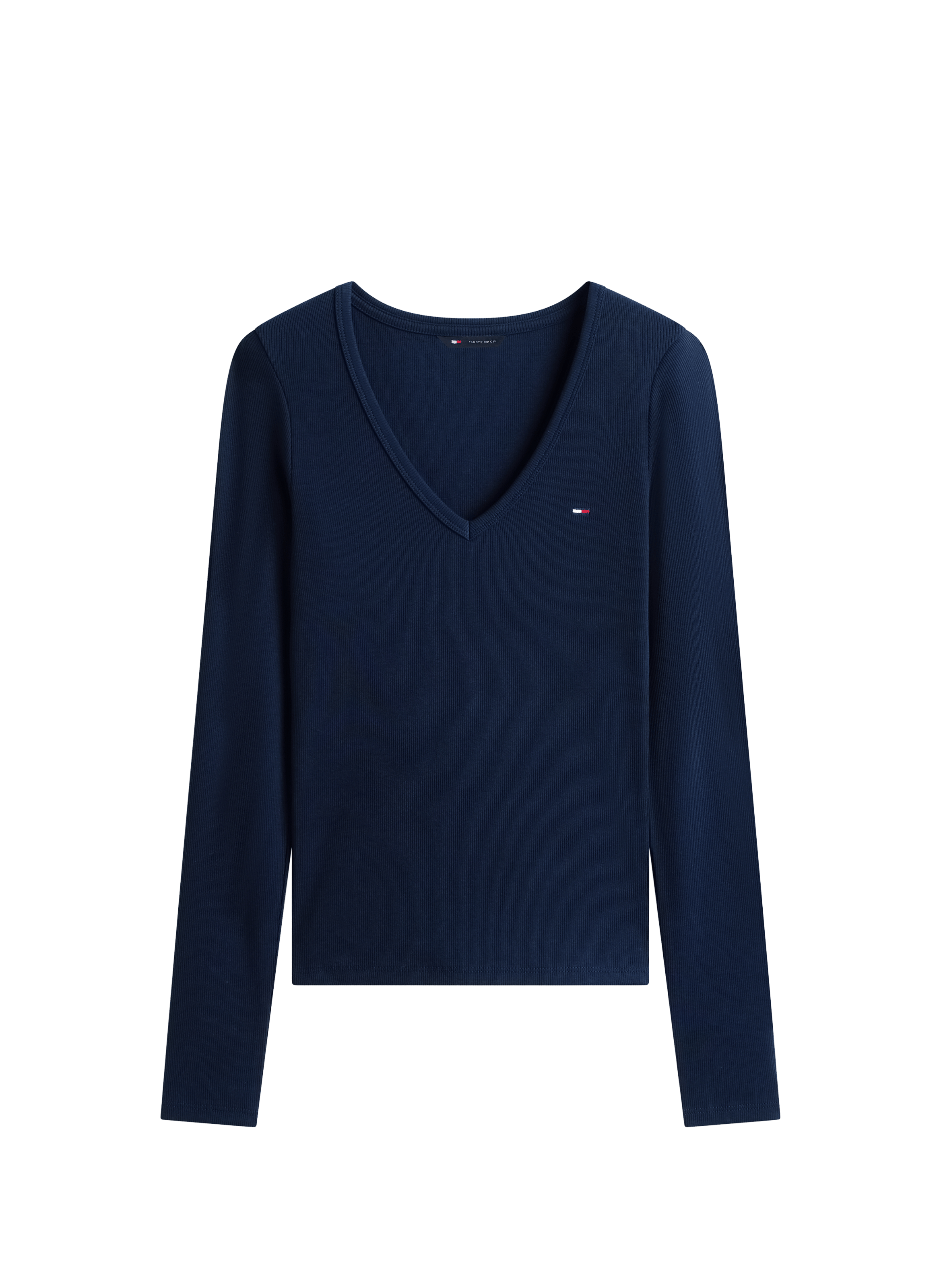 T-shirt côtelé à col V en coton mélangé TOMMY HILFIGER Bleu