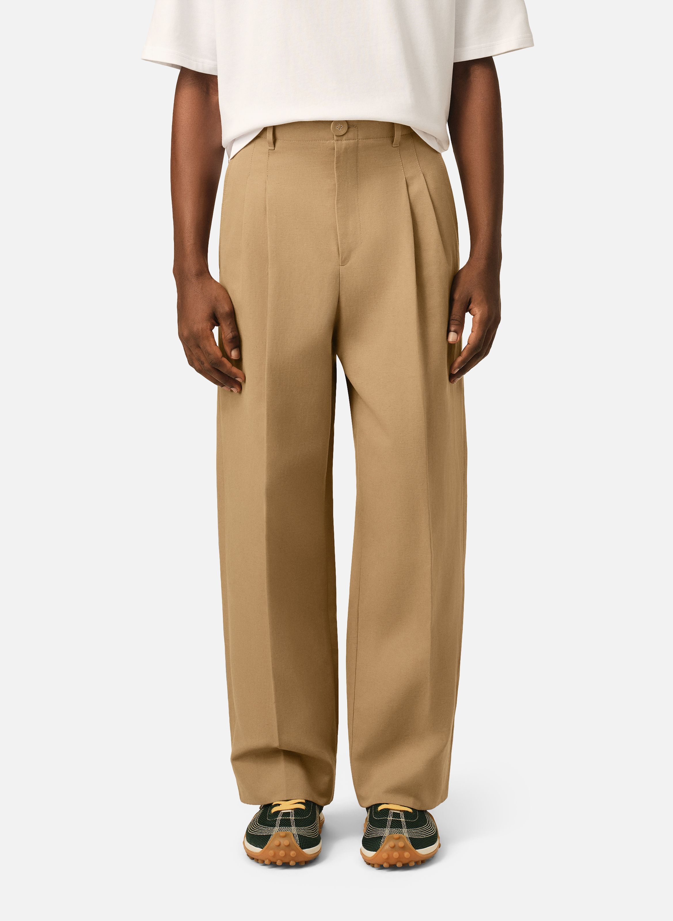 Pantalon coupe carotte taille haute en coton et lin AMI PARIS Beige