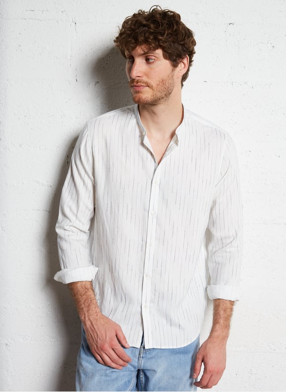 Chemise col rond à broderies rayures Bleu by IKKS IKKS Chemise col rond à broderies rayures Bleu