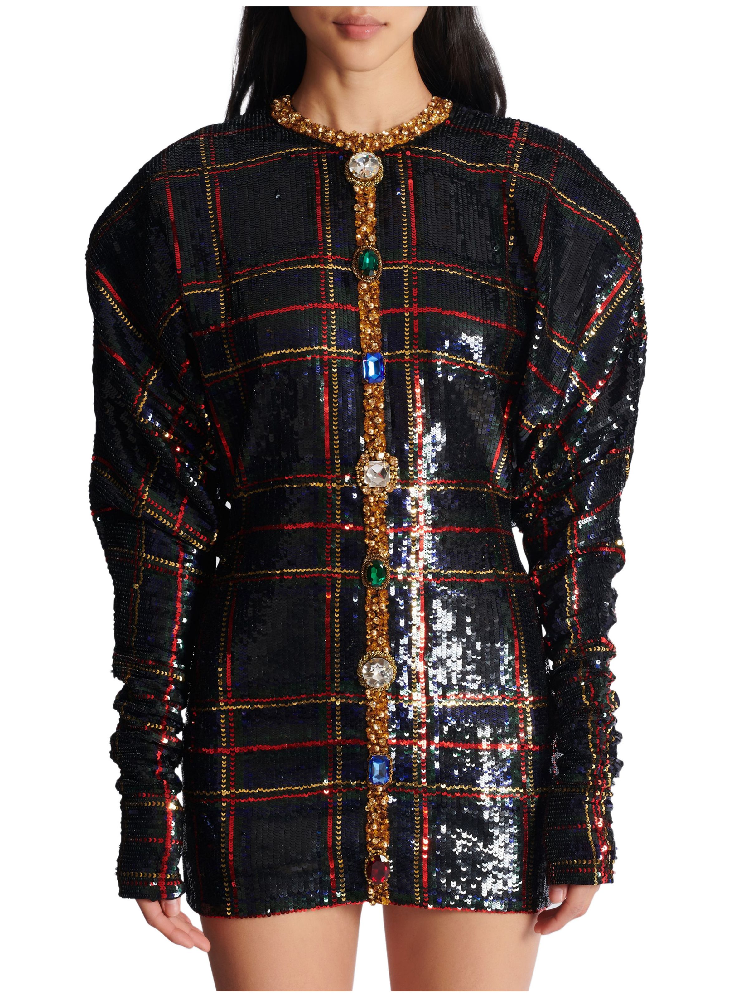 Robe courte brodée en tartan BALMAIN Noir
