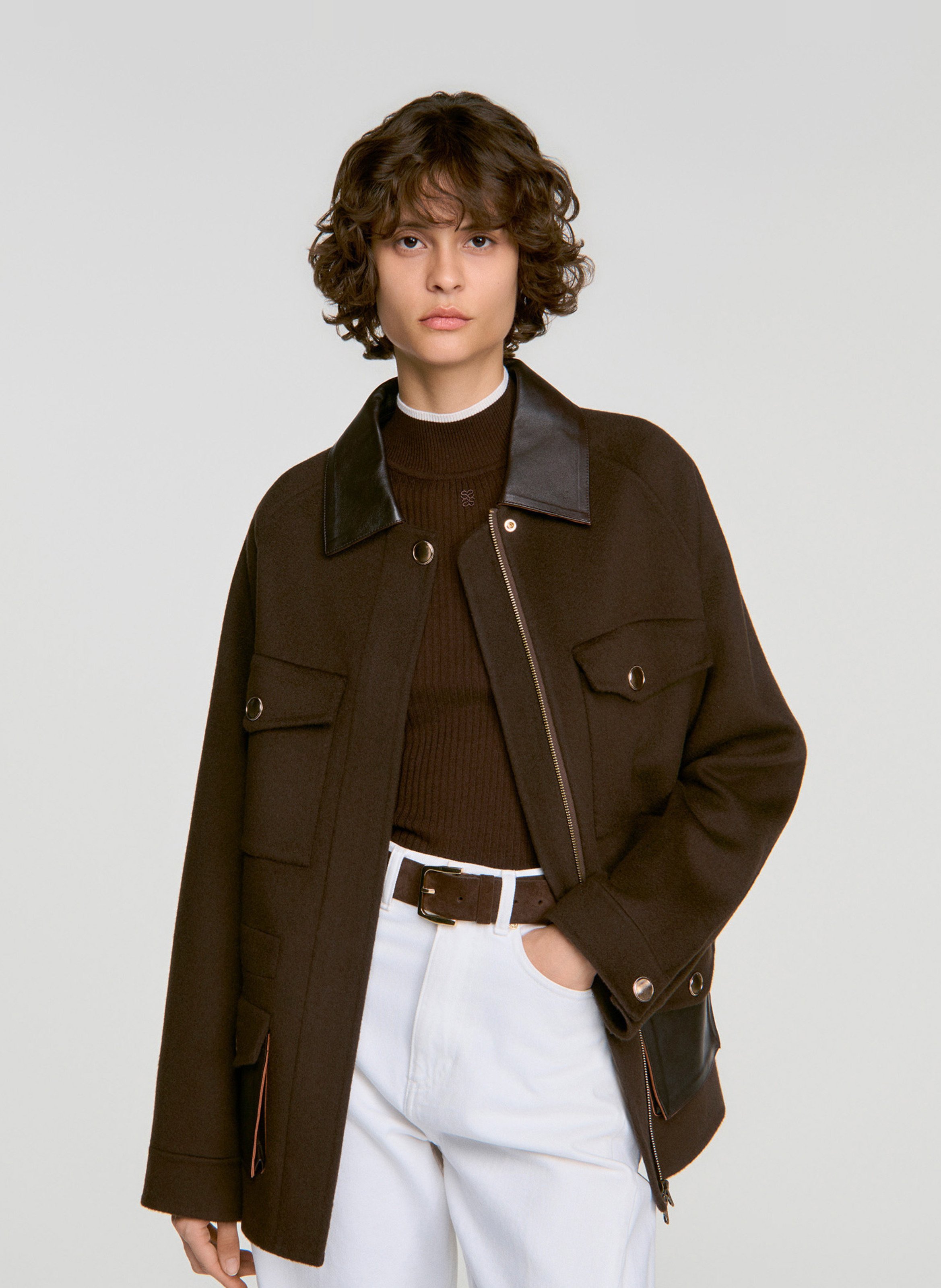 Manteau col classique en laine SANDRO Marron