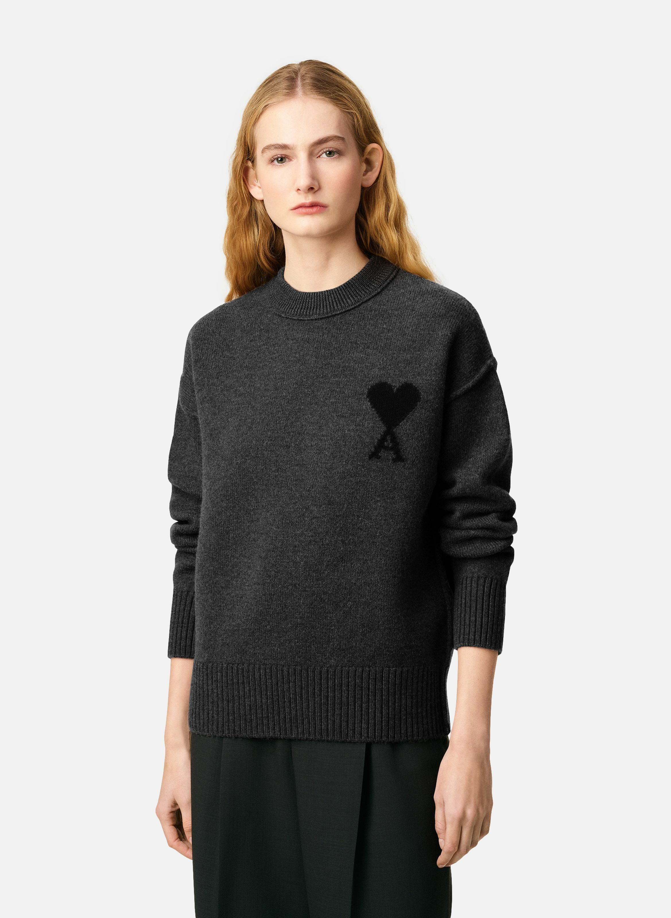 Pull Col Rond Ami De Coeur En Laine unisexe AMI PARIS Gris
