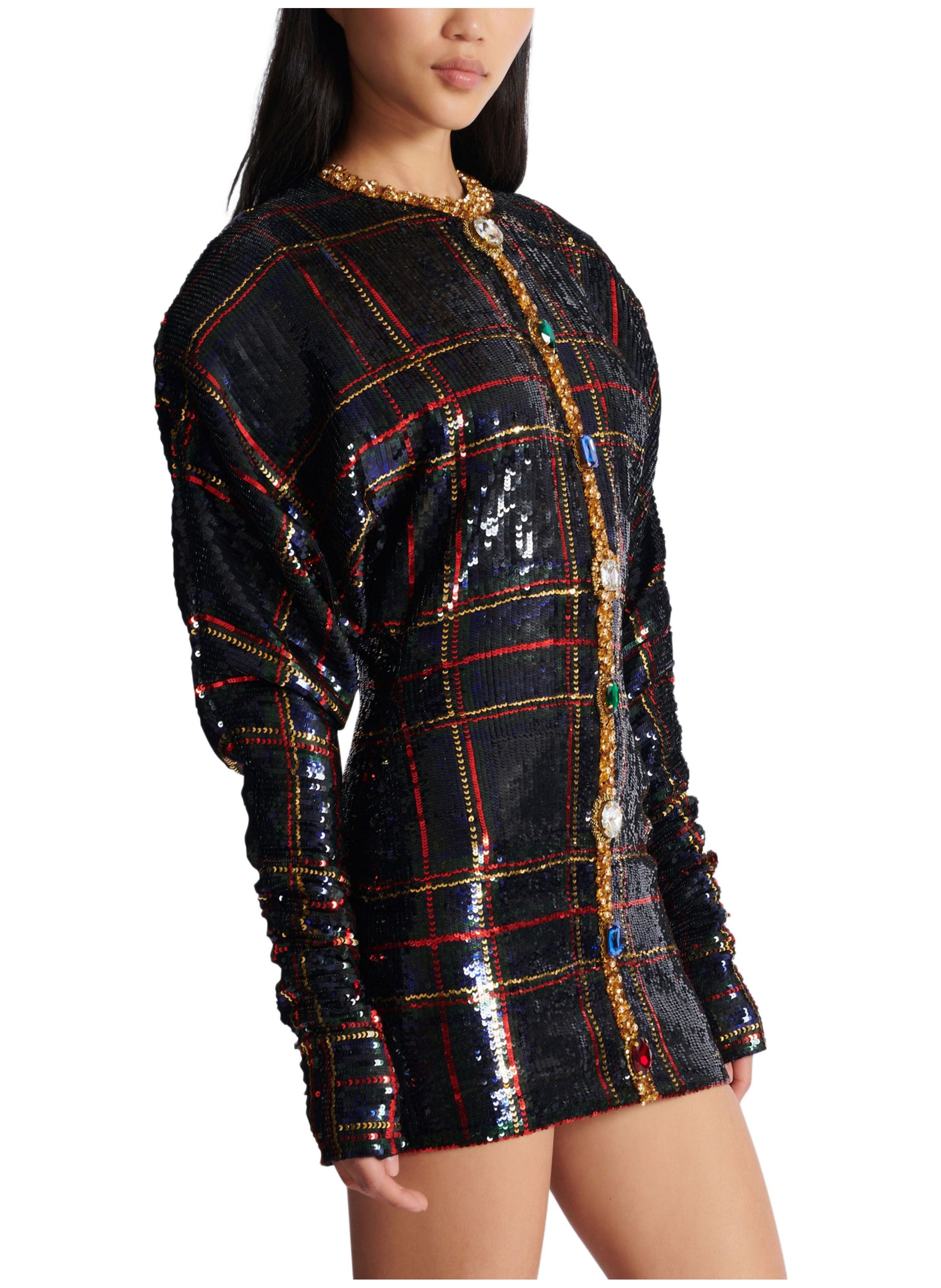 Robe courte brodée en tartan BALMAIN Noir