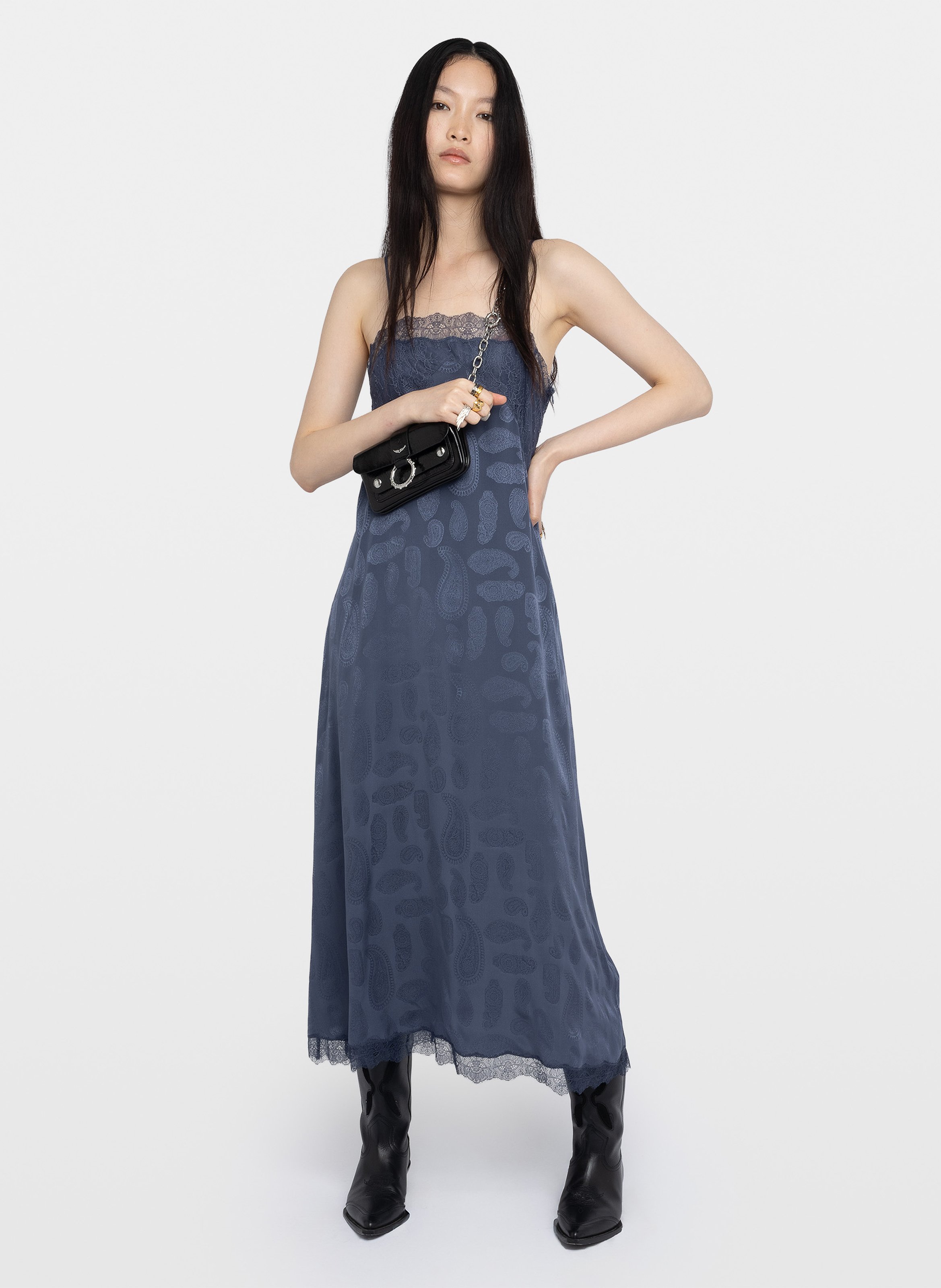 Robe fluide imprimée dentelle en soie ridar ZADIG&VOLTAIRE Bleu