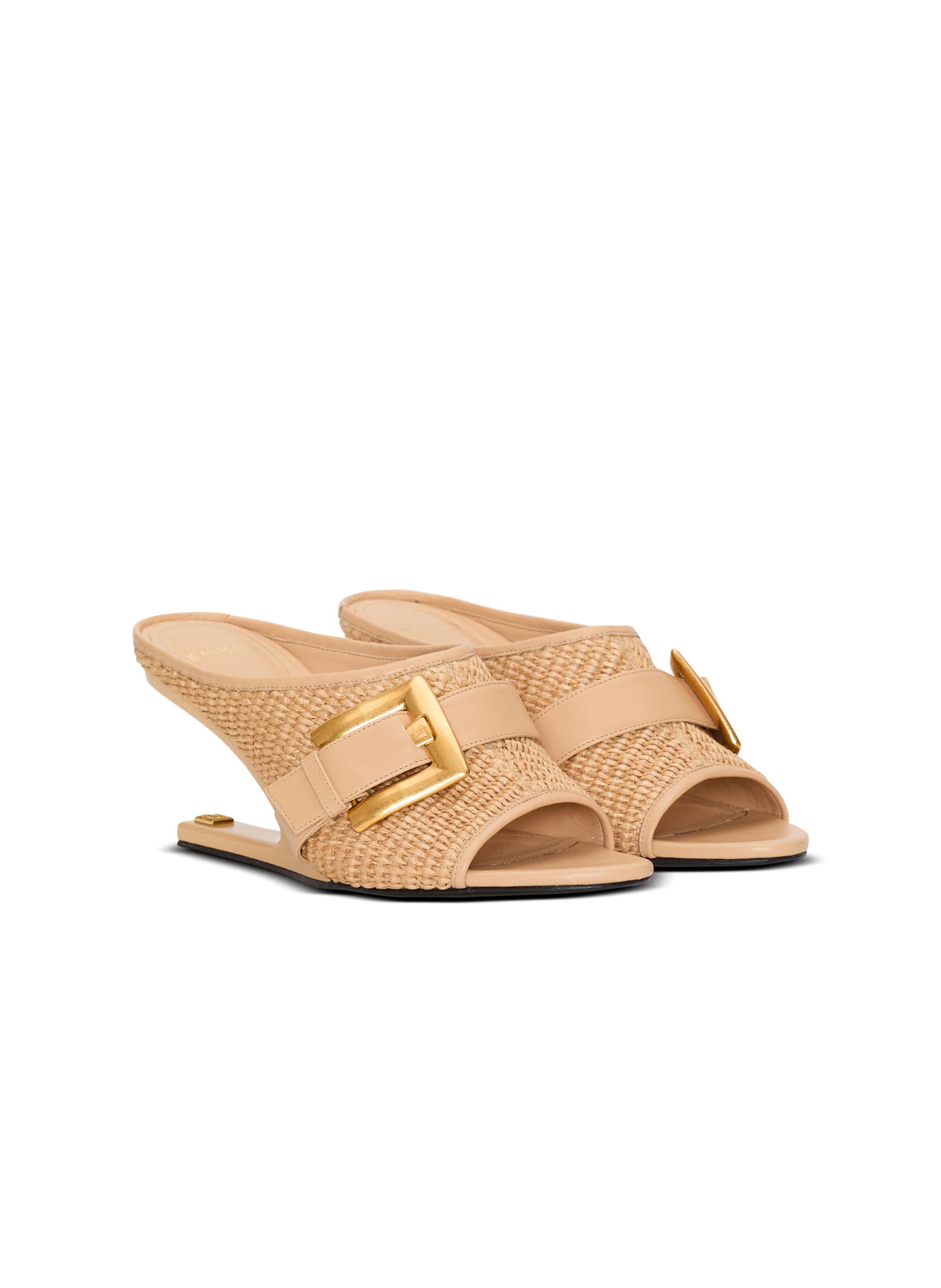 Mules anthem no wedge en raphia et cuir lisse BALMAIN Beige