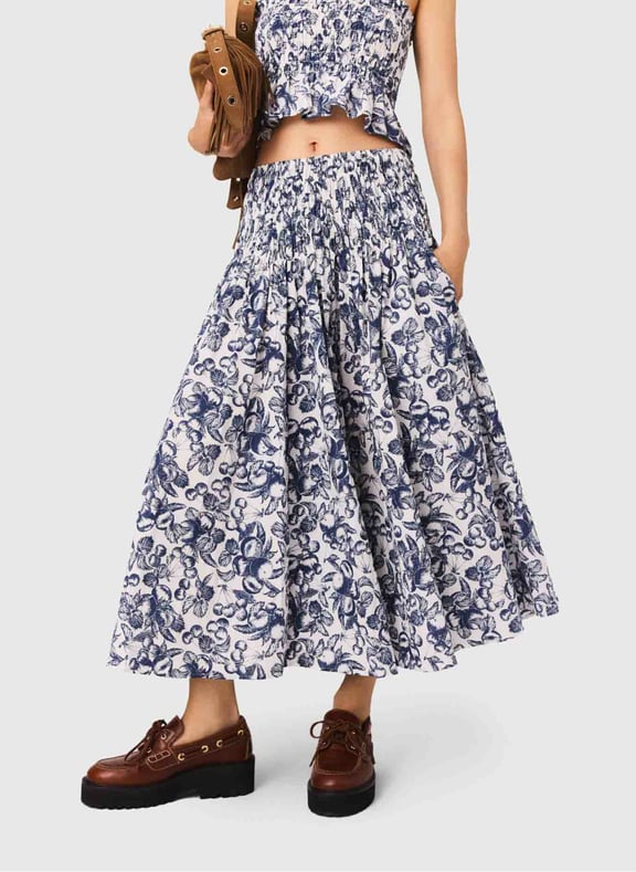 Jupe midi évasée à imprimé cerise Bleu by MAJE MAJE Jupe midi évasée à imprimé cerise Bleu