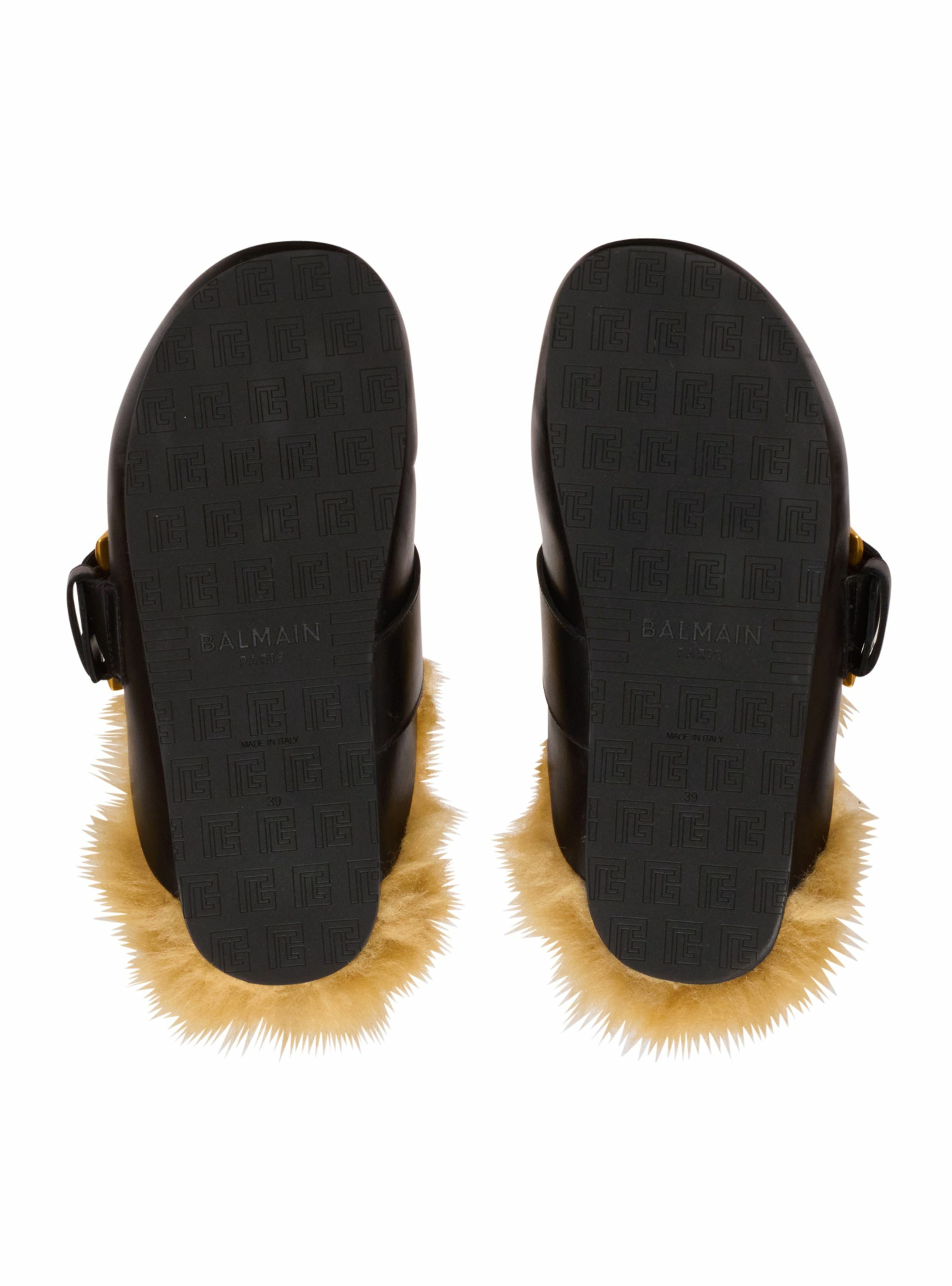 Mules plates en cuir et fausse fourrure BALMAIN Noir