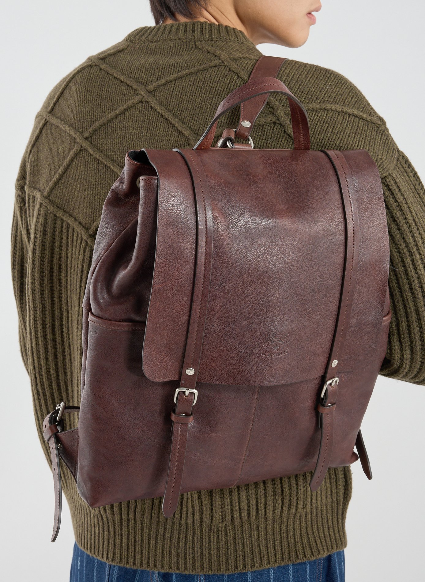 Sac à dos en cuir de vachette IL BISONTE Marron