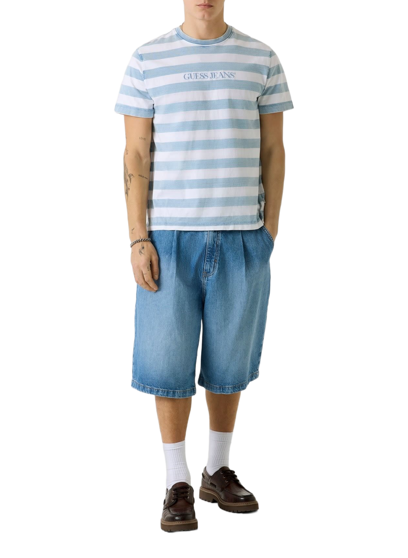 Striped T-shirt with cotton logo embroidery GUESS Blue