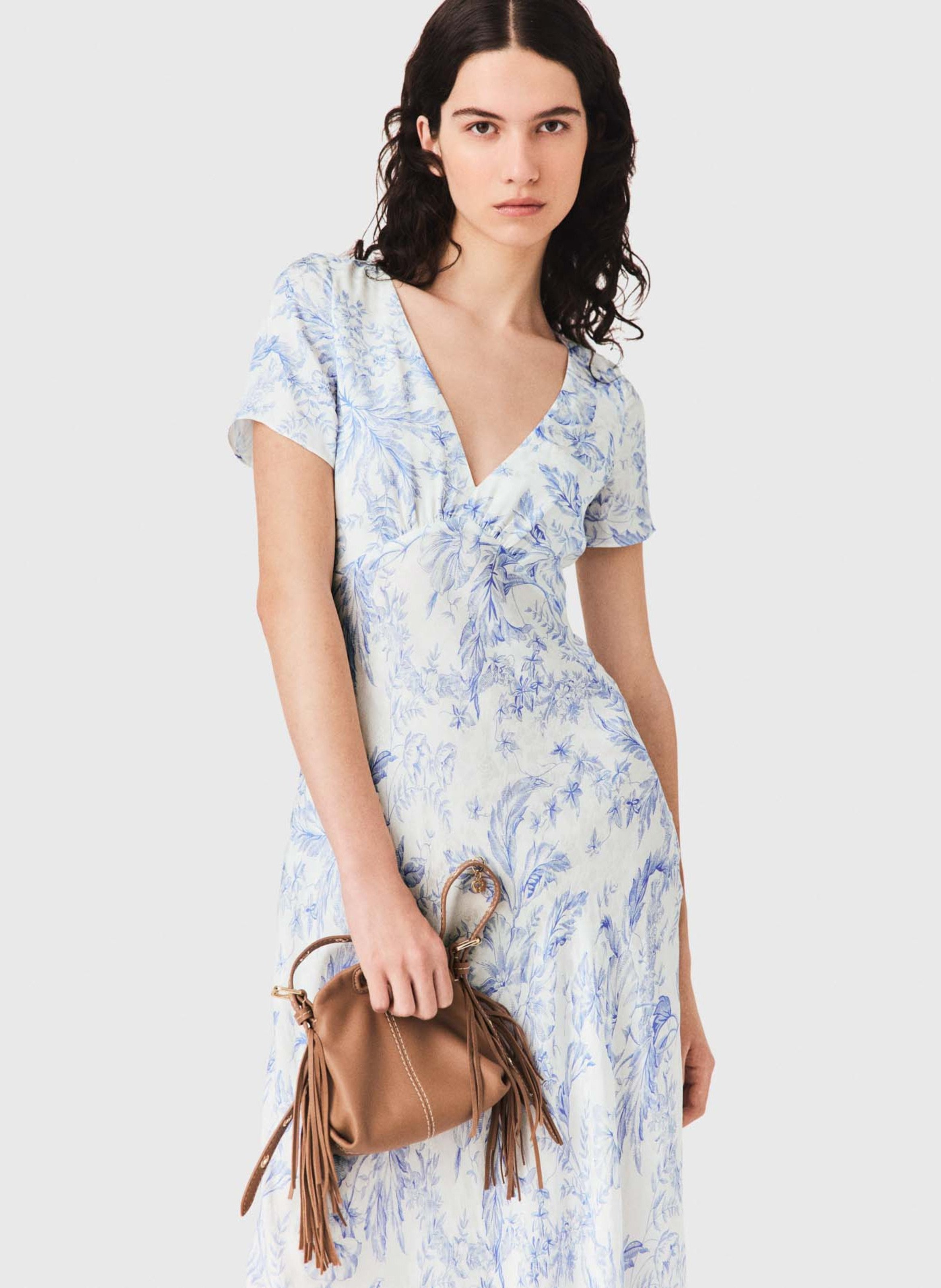 Robe longue col v imprimée Bleu