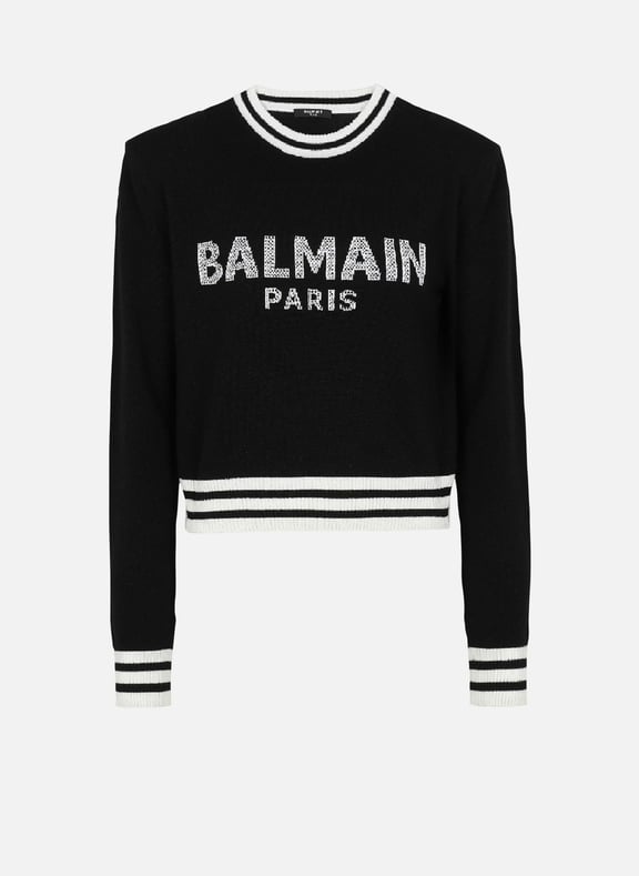 Sweat court en laine avec logo Noir by BALMAIN BALMAIN Sweat court en laine avec logo Noir