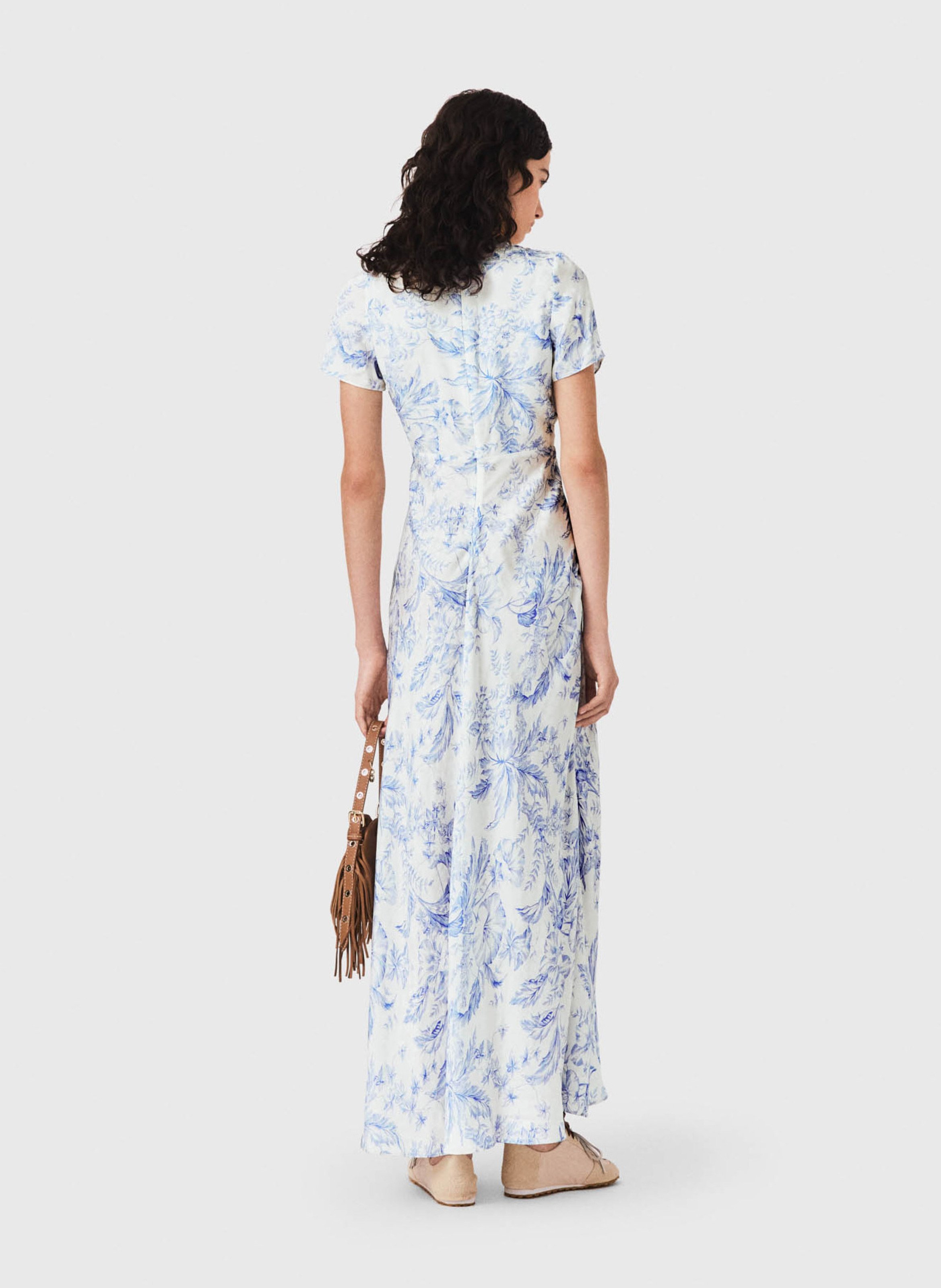 Robe longue col v imprimée Bleu