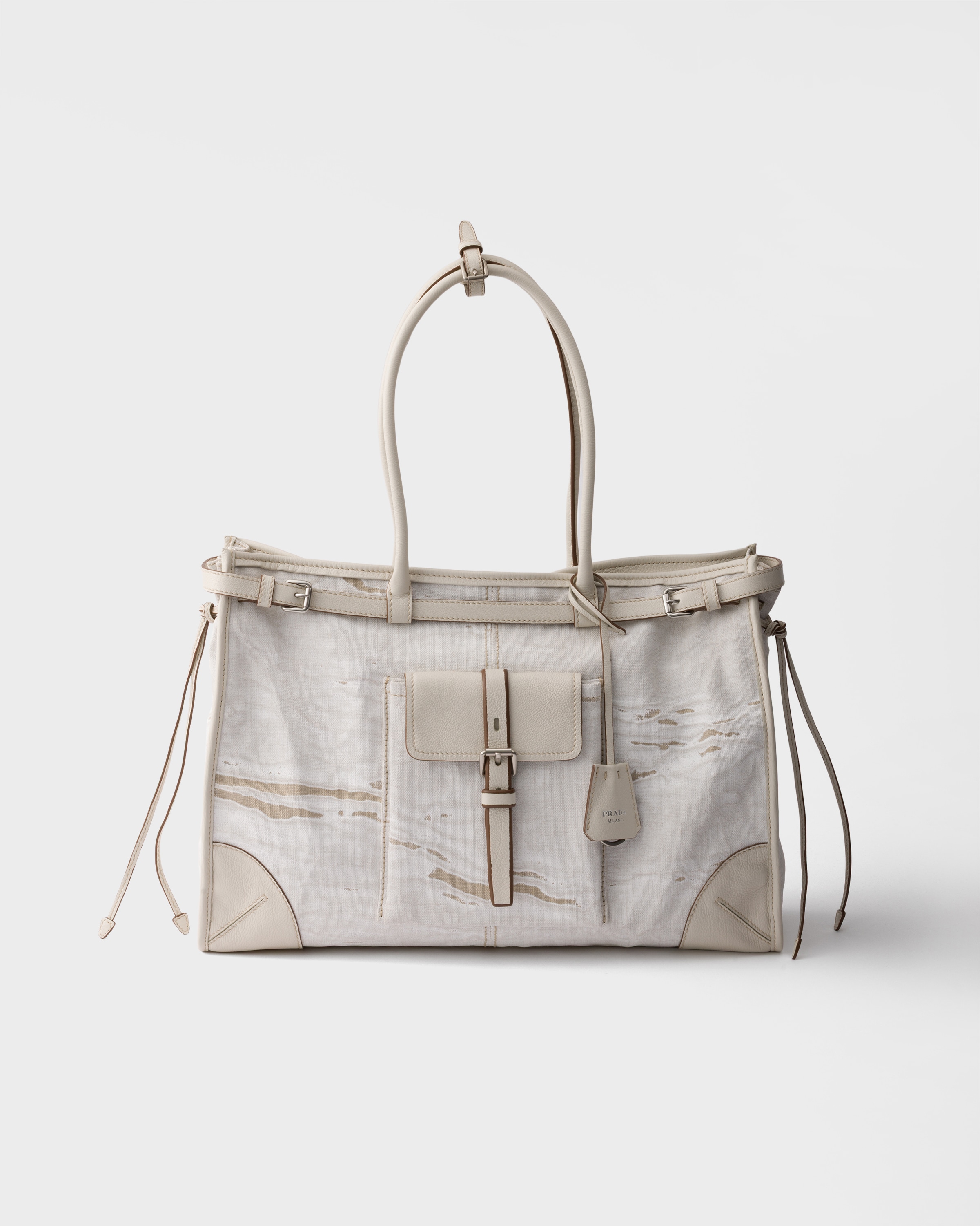 Très grand cabas prada bonnie en lin imprimé et cu PRADA Blanc
