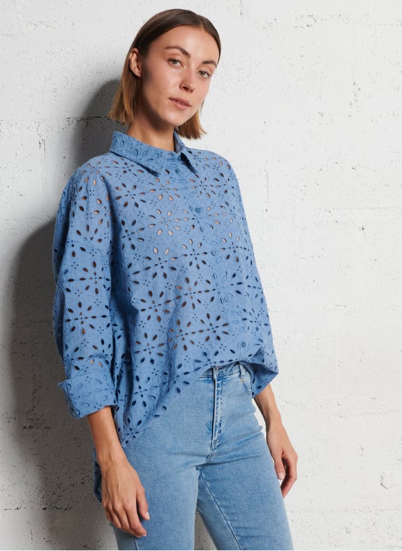 Chemise oversize col classique en broderie anglaise Bleu by IKKS IKKS Chemise oversize col classique en broderie anglaise Bleu