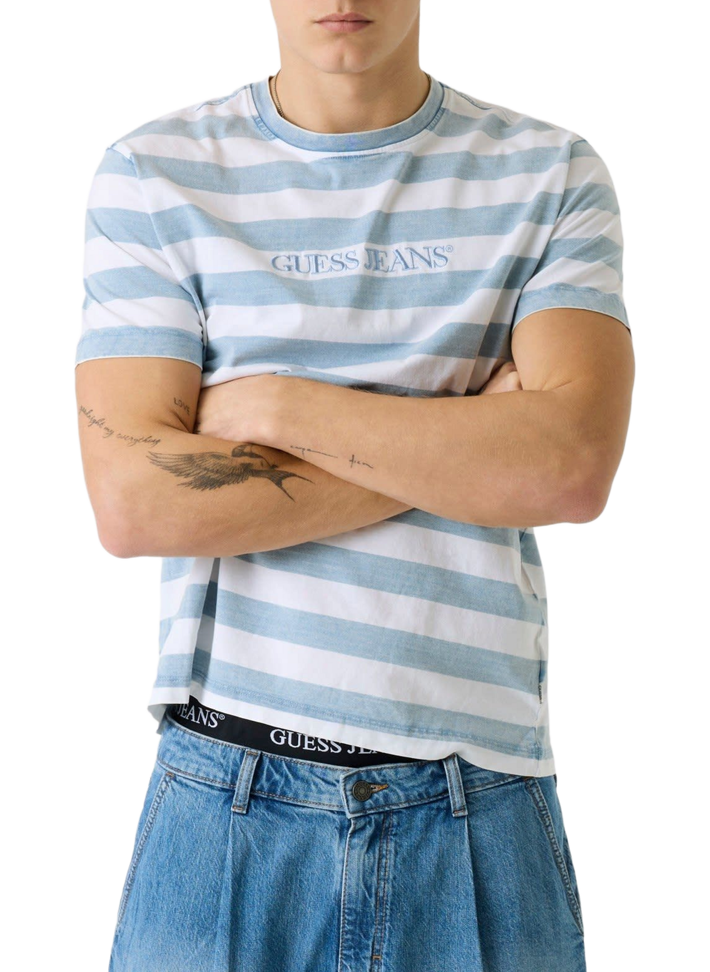 Striped T-shirt with cotton logo embroidery GUESS Blue