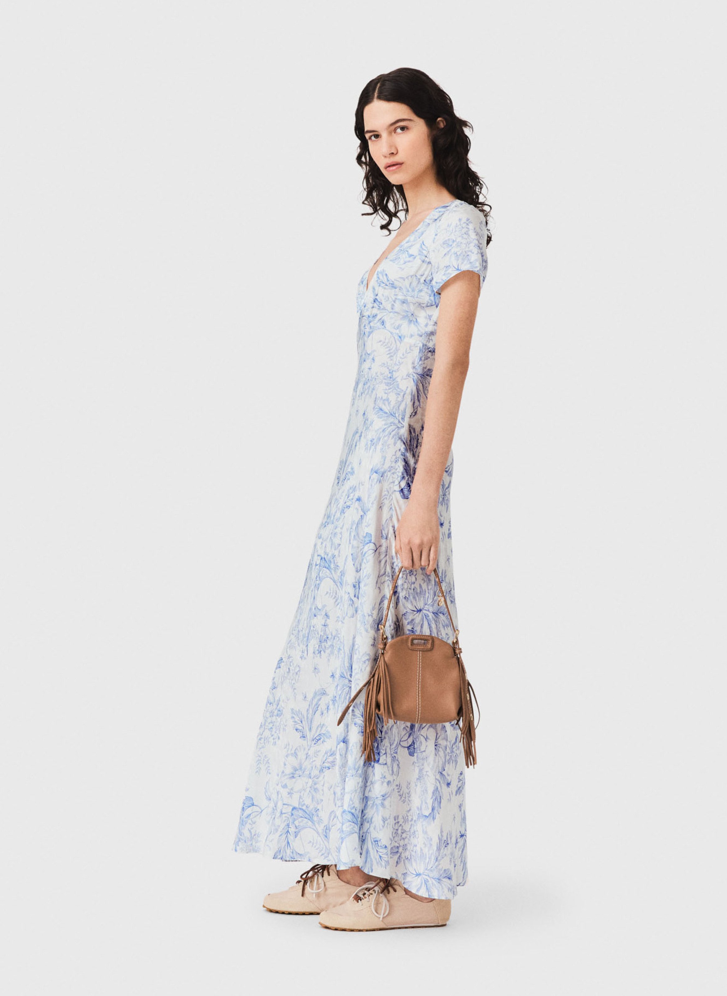 Robe longue col v imprimée Bleu