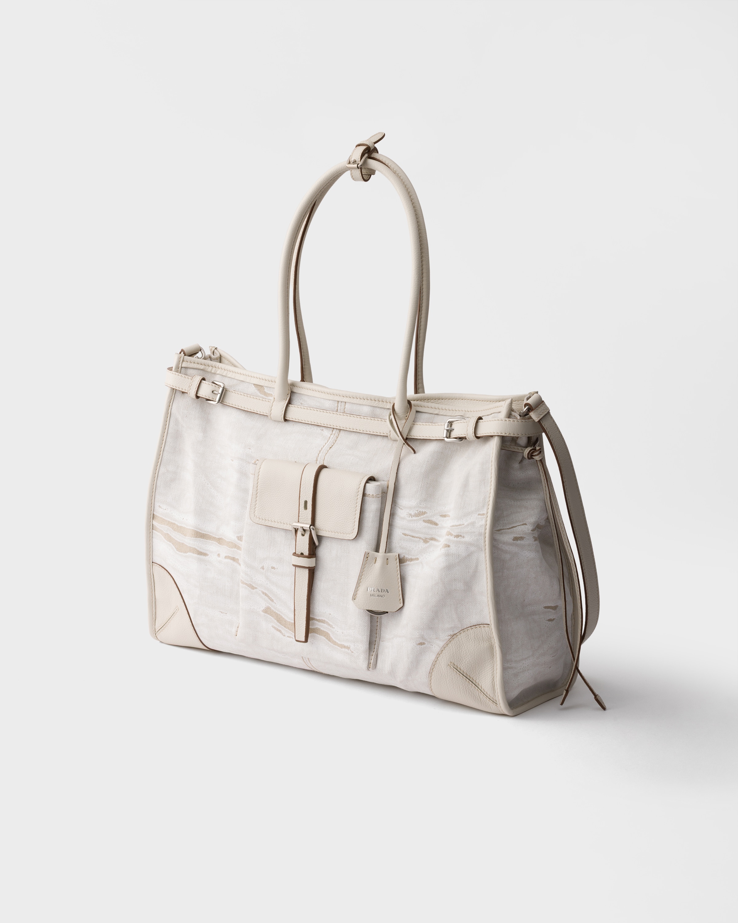 Très grand cabas prada bonnie en lin imprimé et cu PRADA Blanc