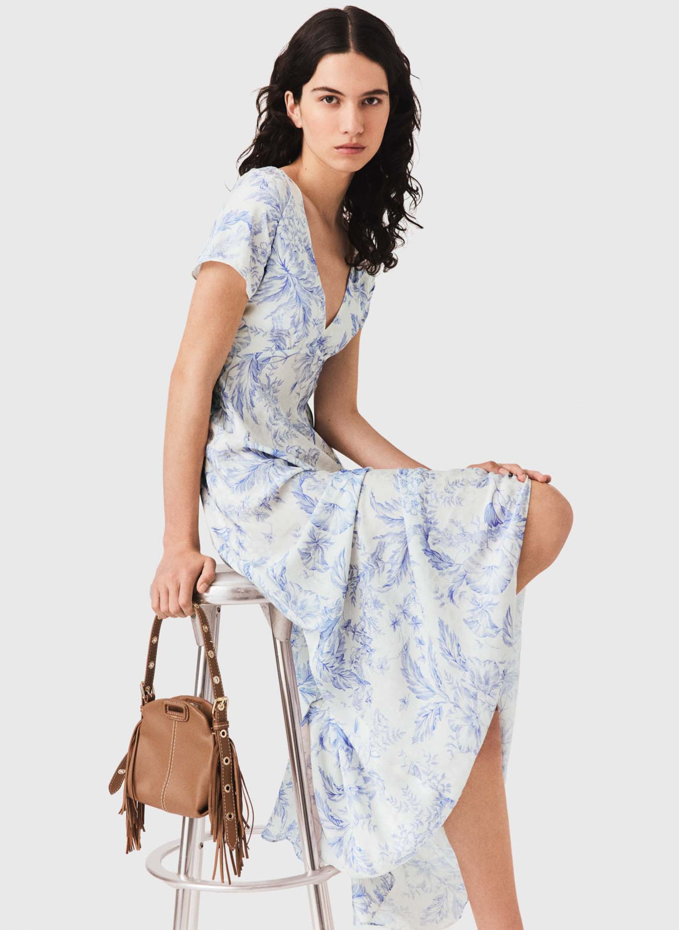 Robe longue col v imprimée Bleu
