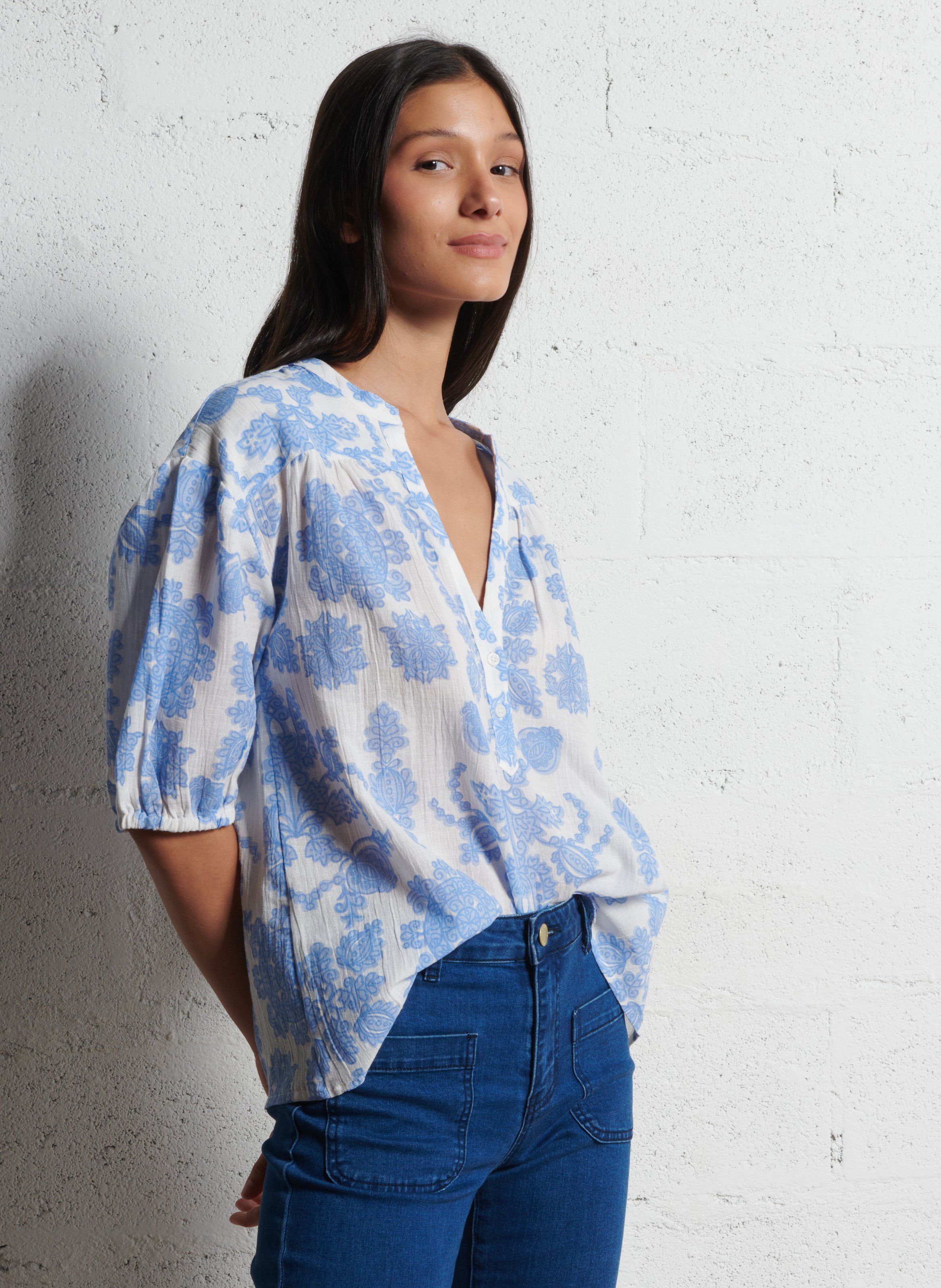 Blouse droite en coton mélangé imprimé sun MAISON 123 Bleu