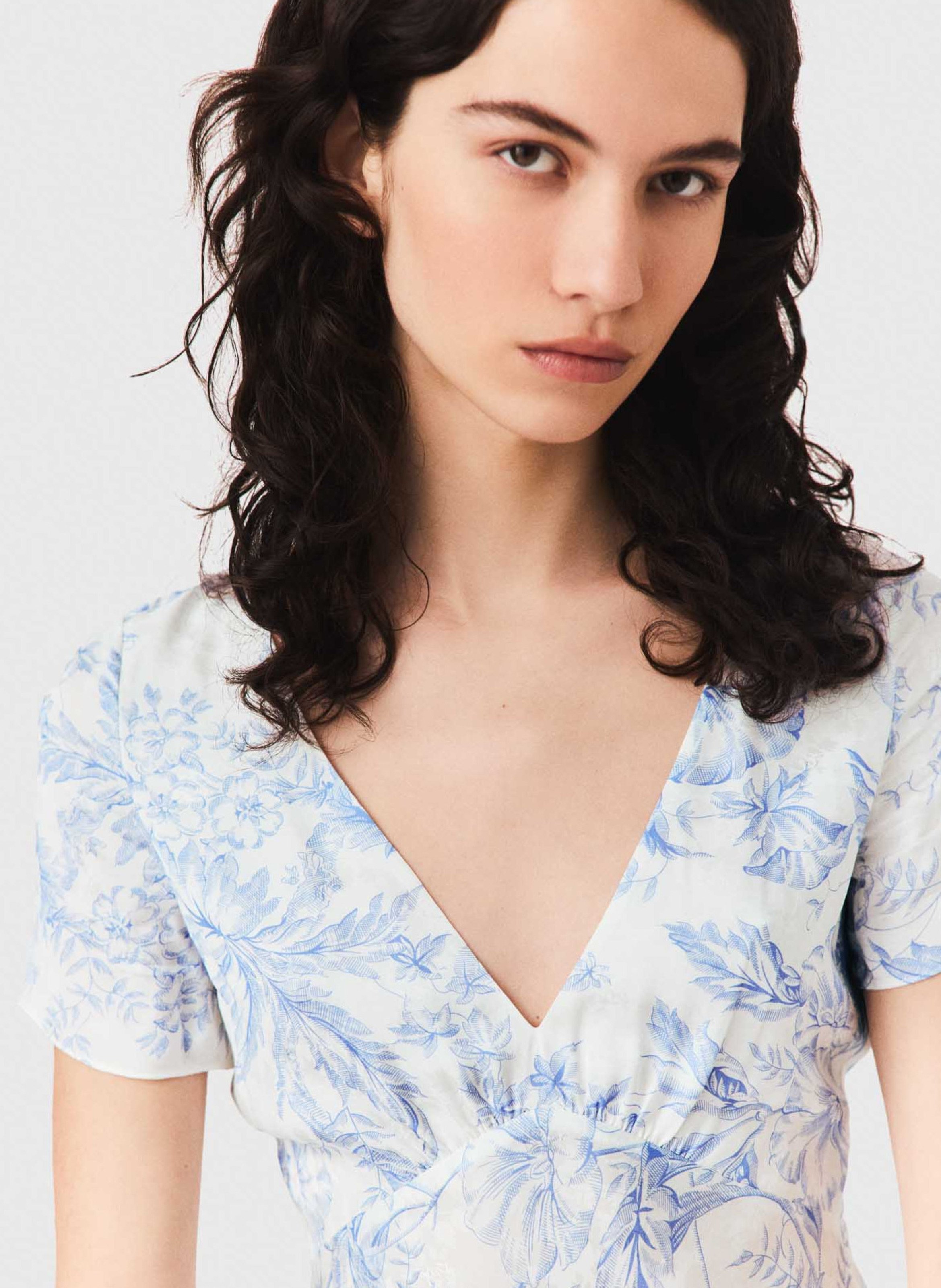 Robe longue col v imprimée Bleu