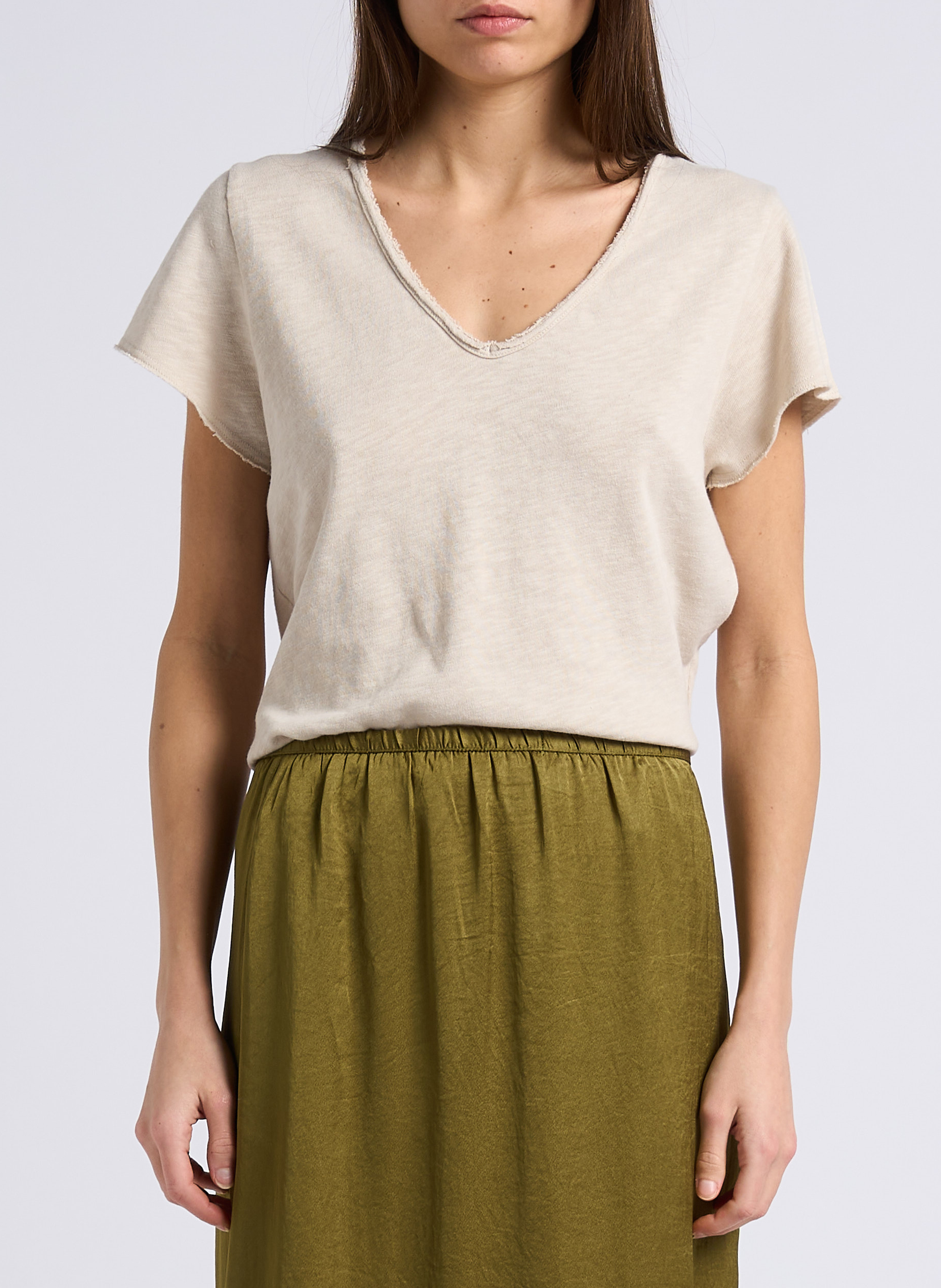 Tee-shirt droit col v en coton sonoma AMERICAN VINTAGE Beige
