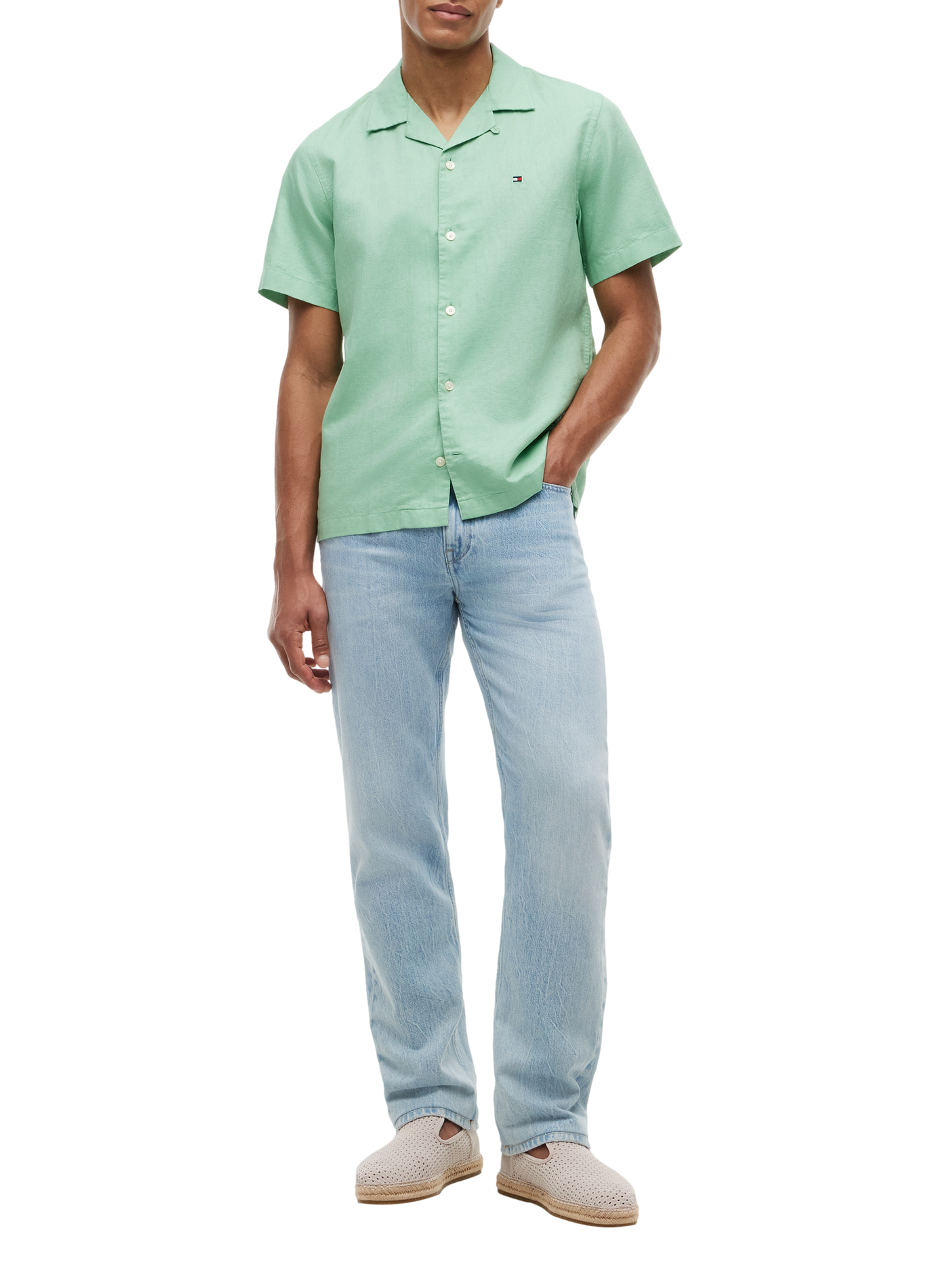 Chemise uni à manches courtes en coton et lin TOMMY HILFIGER Vert