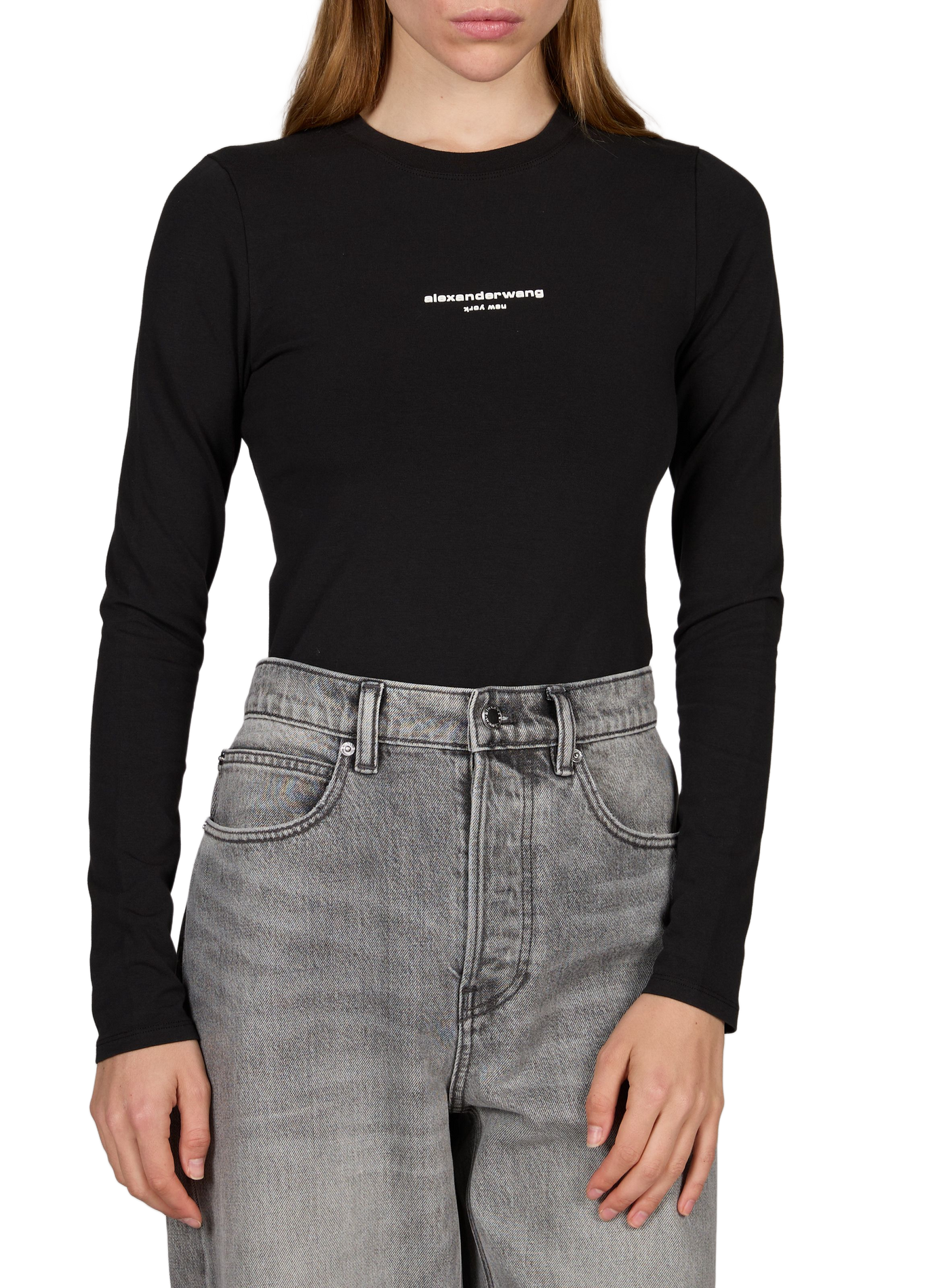 Top col rond à logo en coton mélangé ALEXANDER WANG Noir
