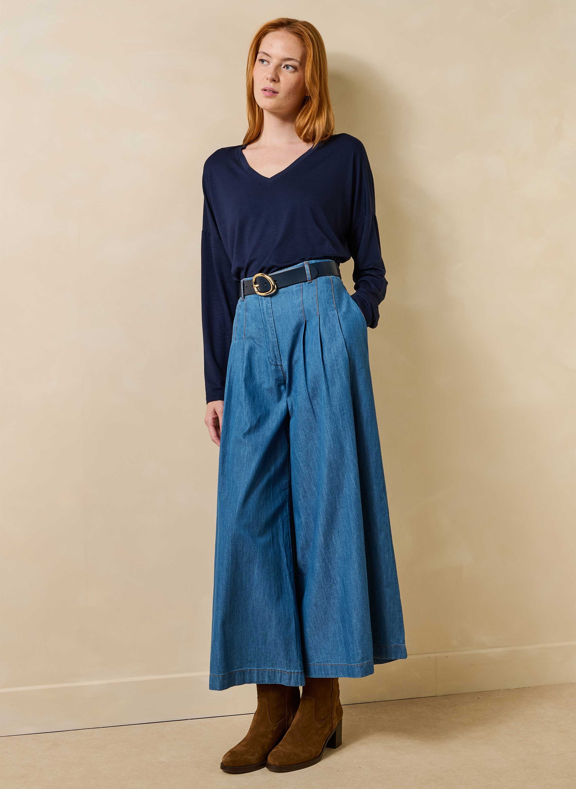 Ruimvallend effen T-shirt met V-hals LA FEE MARABOUTEE Blauw