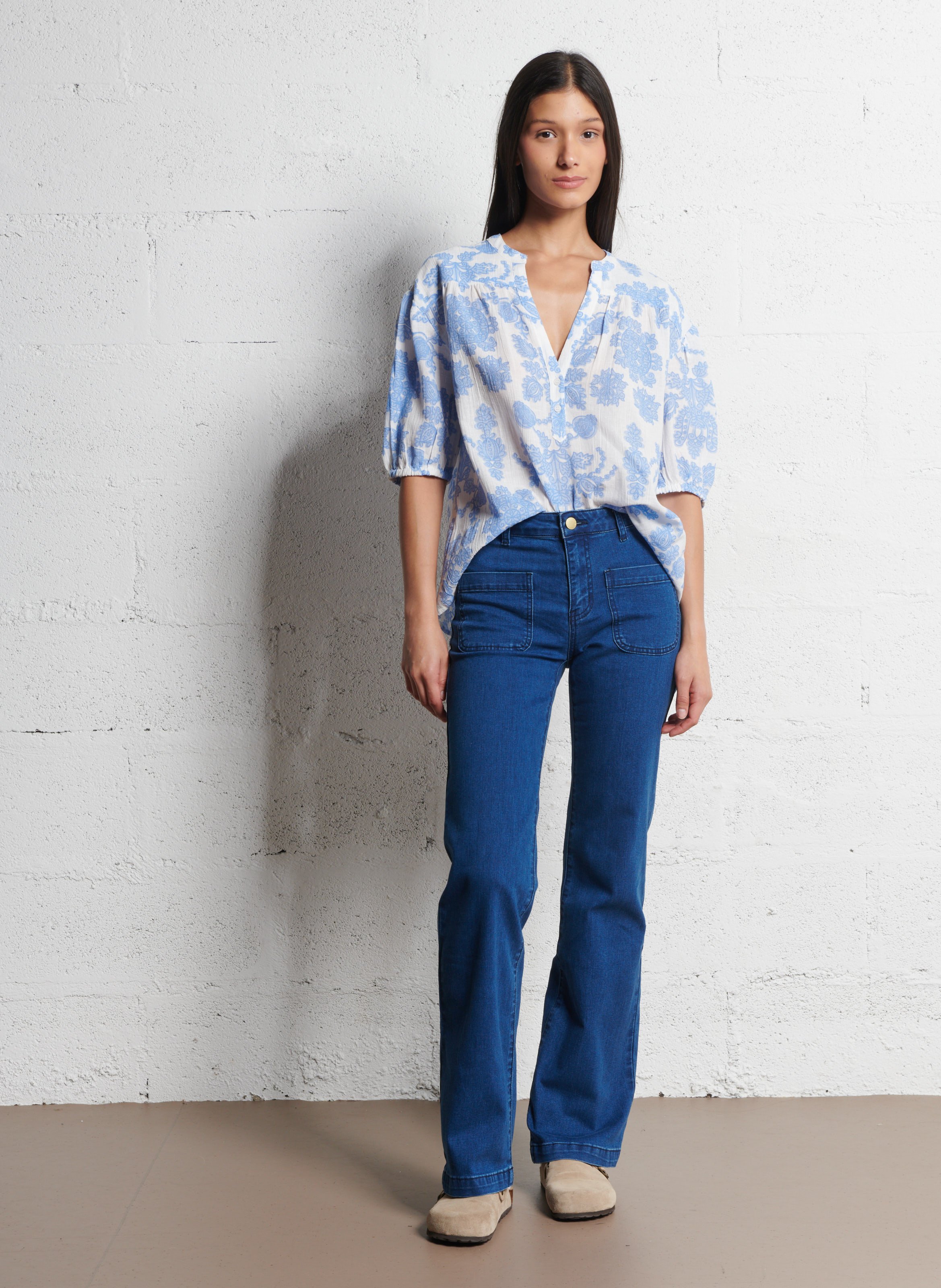 Blouse droite en coton mélangé imprimé sun MAISON 123 Bleu