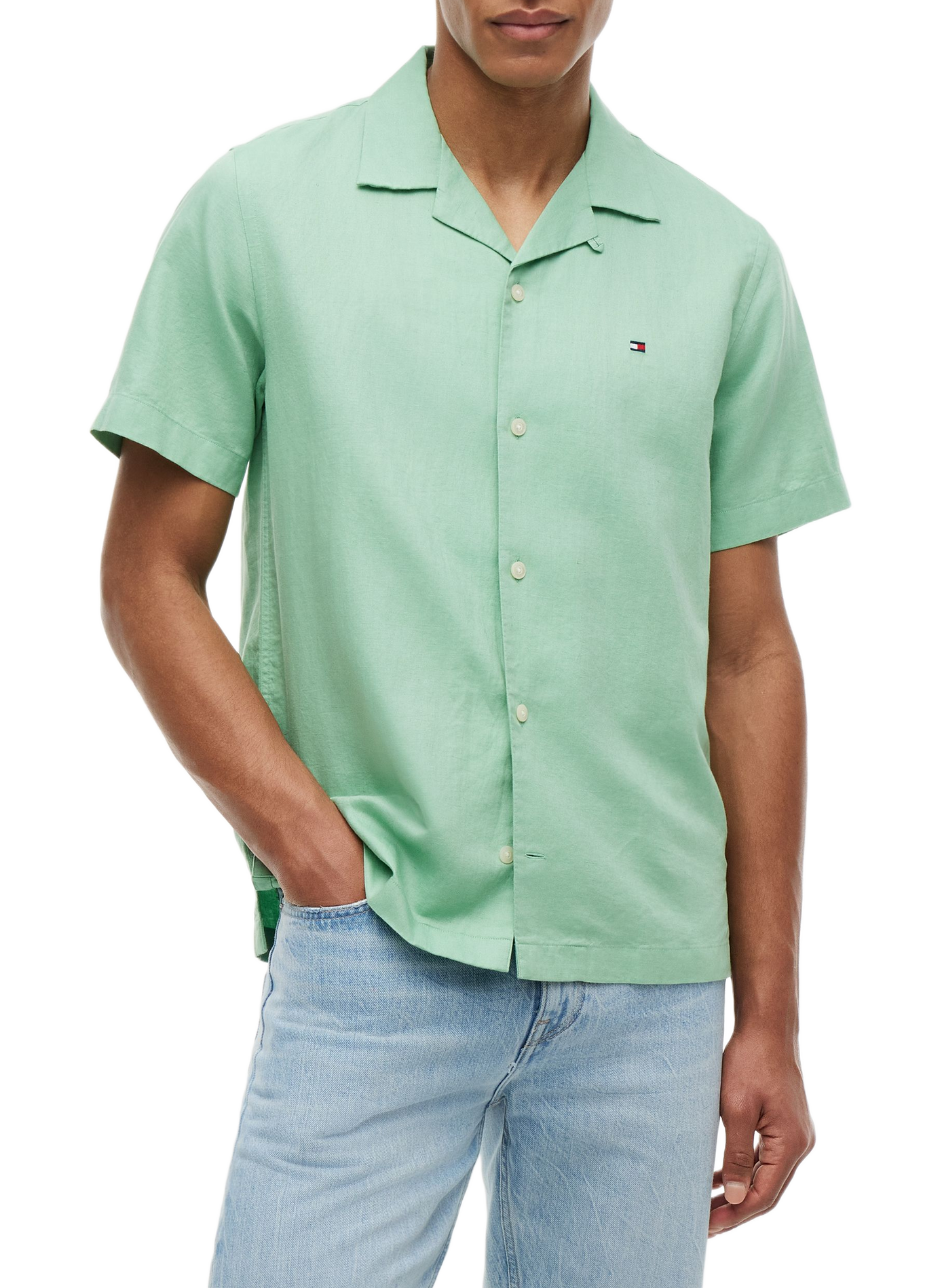 Chemise uni à manches courtes en coton et lin TOMMY HILFIGER Vert