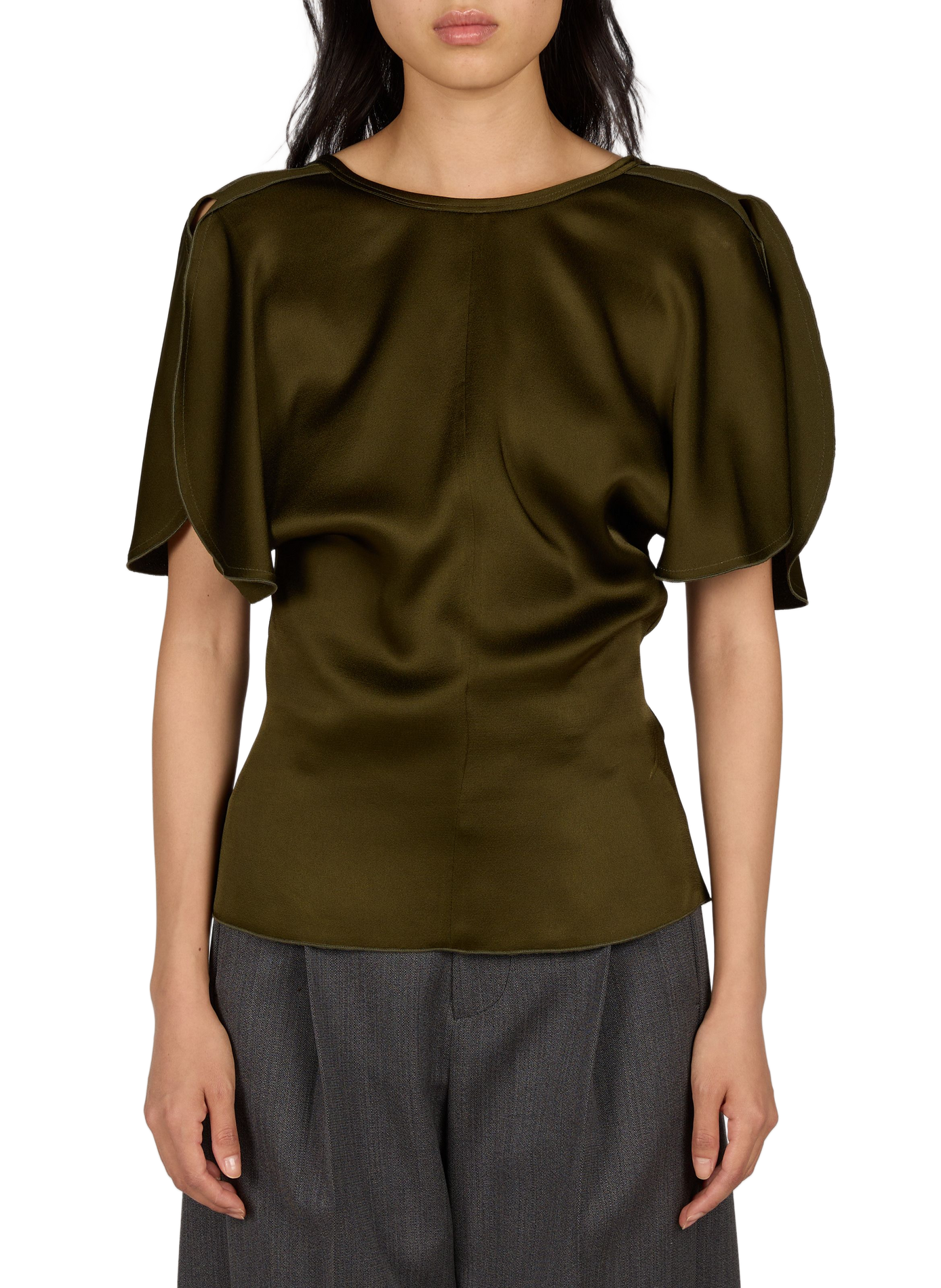 Fitted satin crew-neck top VICTORIA BECKHAM Khaki