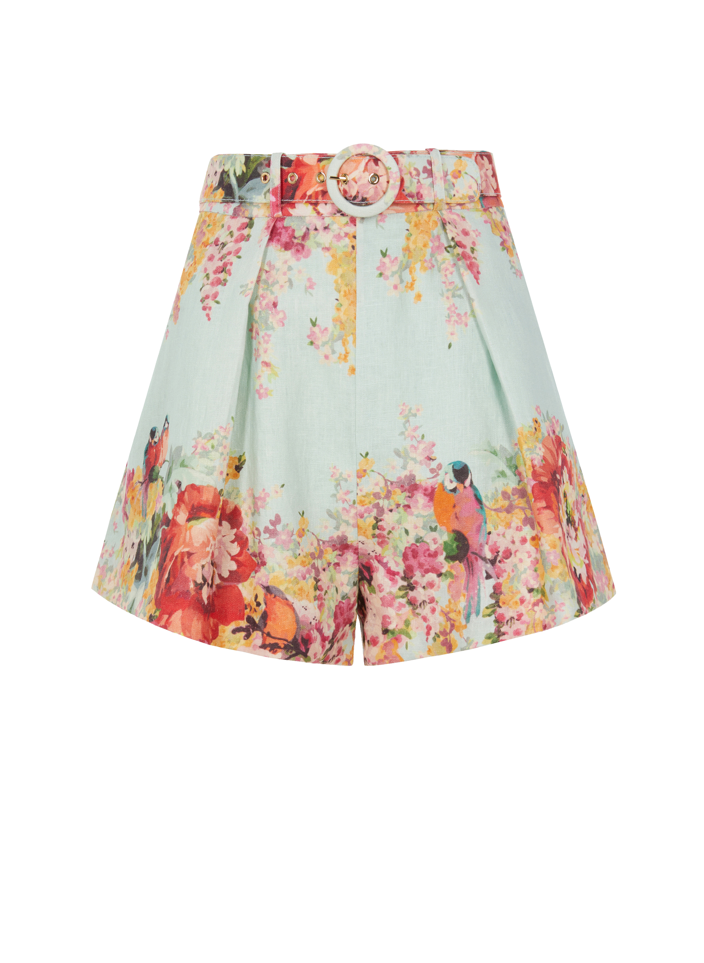 Short ceinturé imprimé fleuri en lin