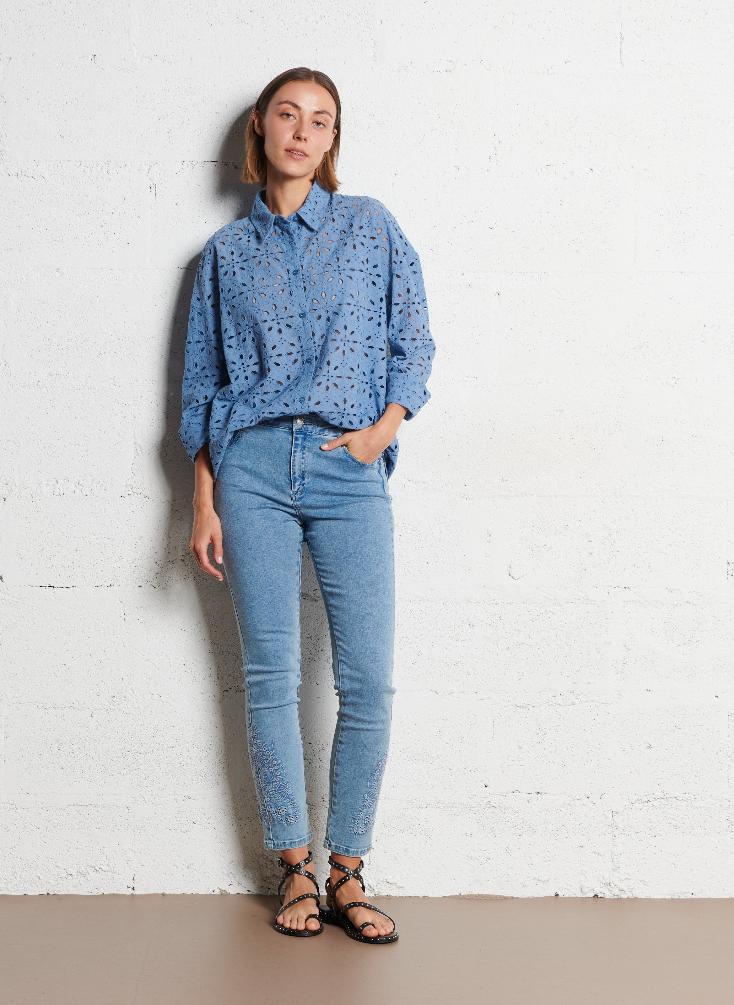 Chemise oversize col classique en broderie anglaise IKKS Bleu