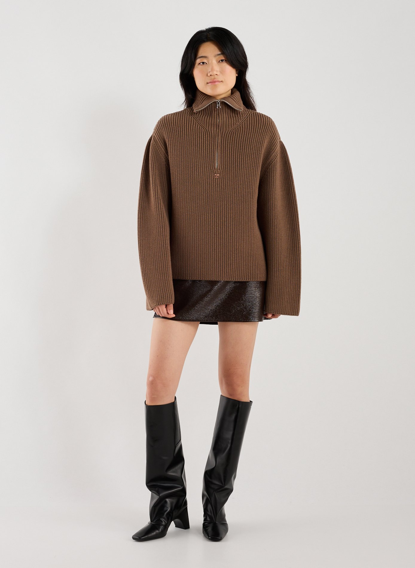 Merino wool zip-neck jumper COURRÈGES Brown