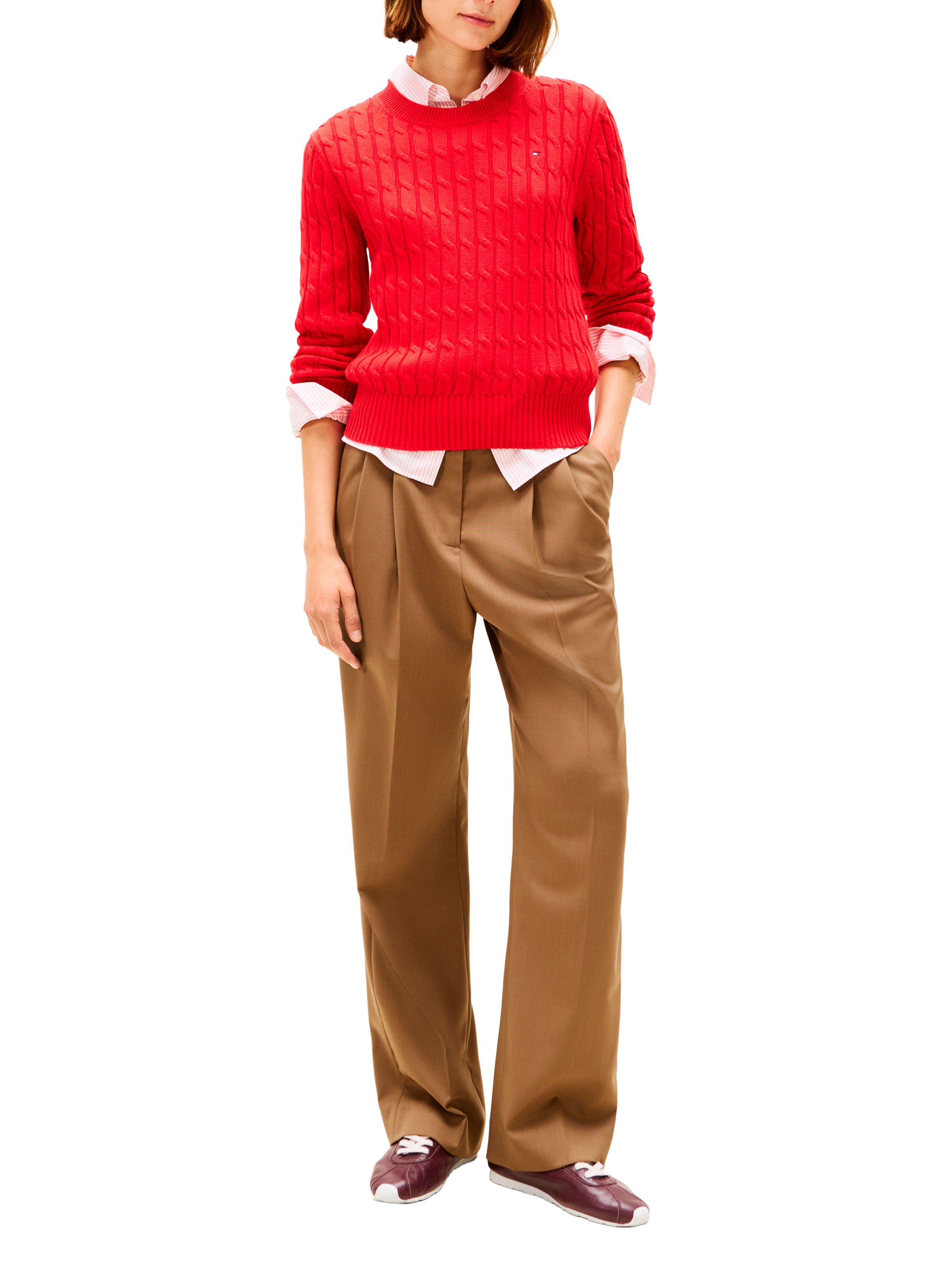 Pull droit à col rond en maille côtelée de coton TOMMY HILFIGER Rouge