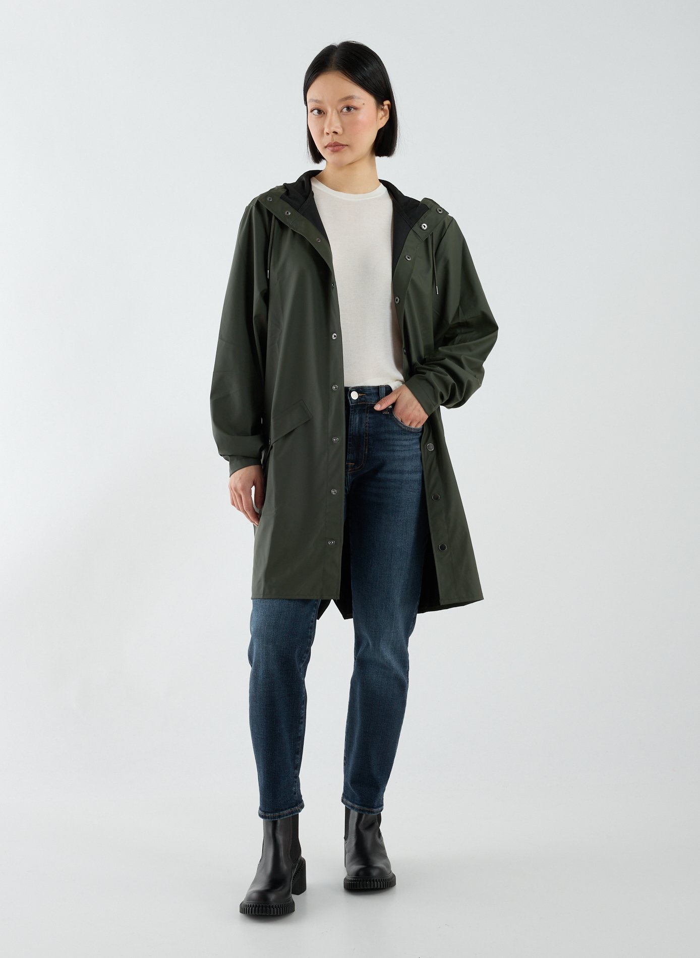 Long waterproof hooded jacket RAINS Green