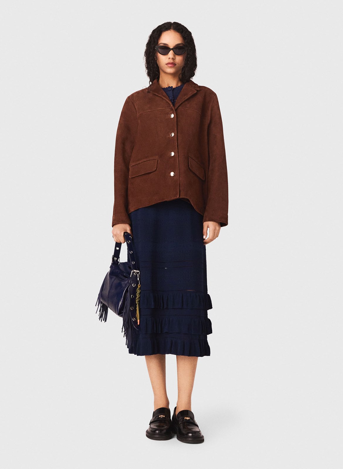 Veste col classique en cuir velours MAJE Marron