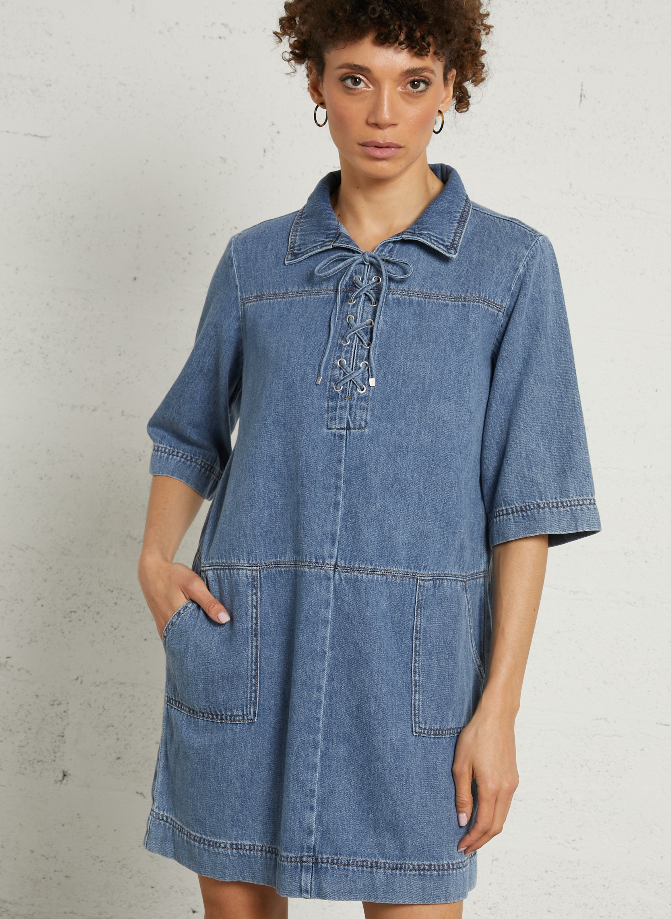 Robe ample courte en coton blanche MAISON 123 Bleu