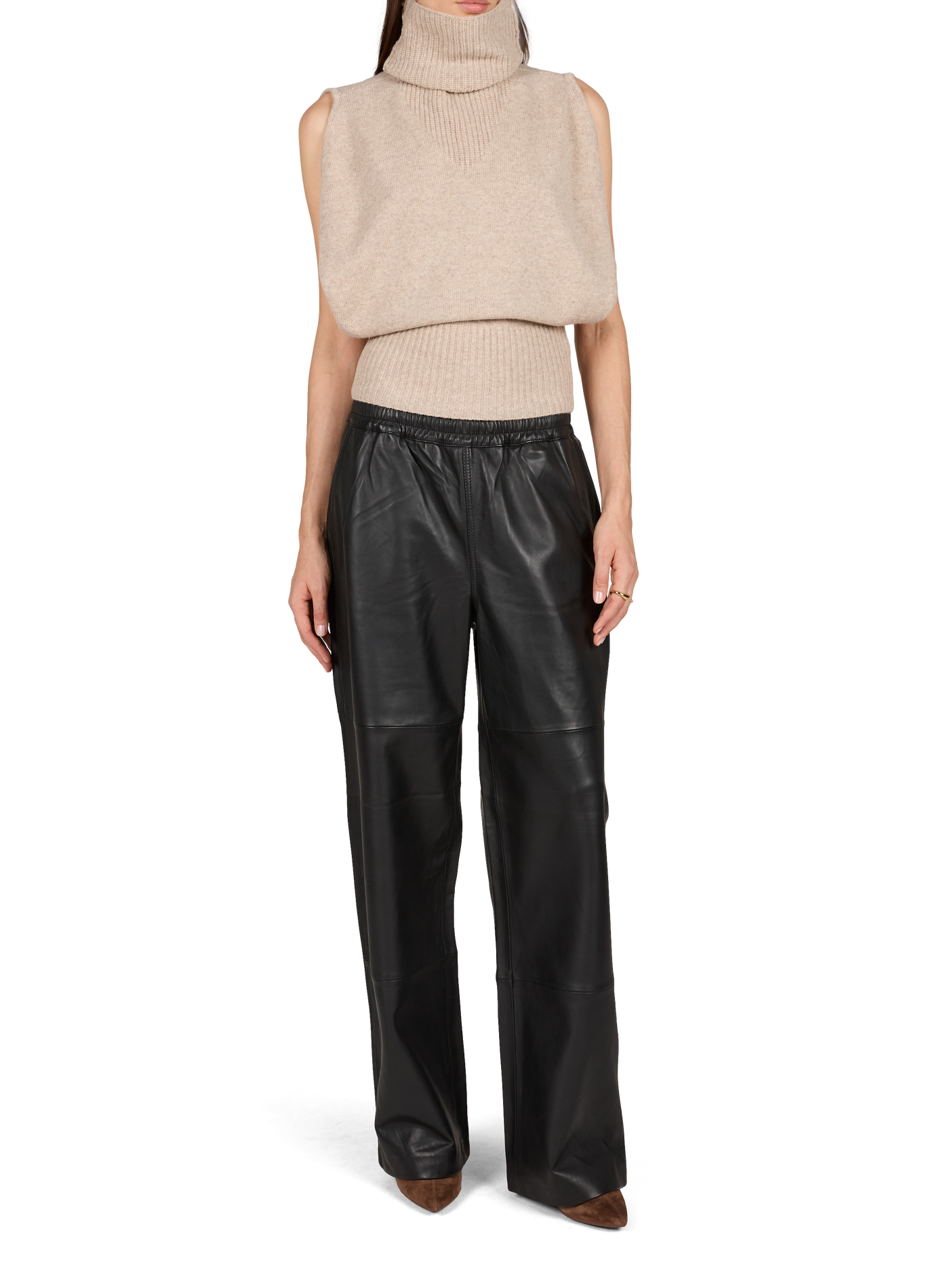 Wijde hoge taille leren broek ROUGE EDIT Zwart