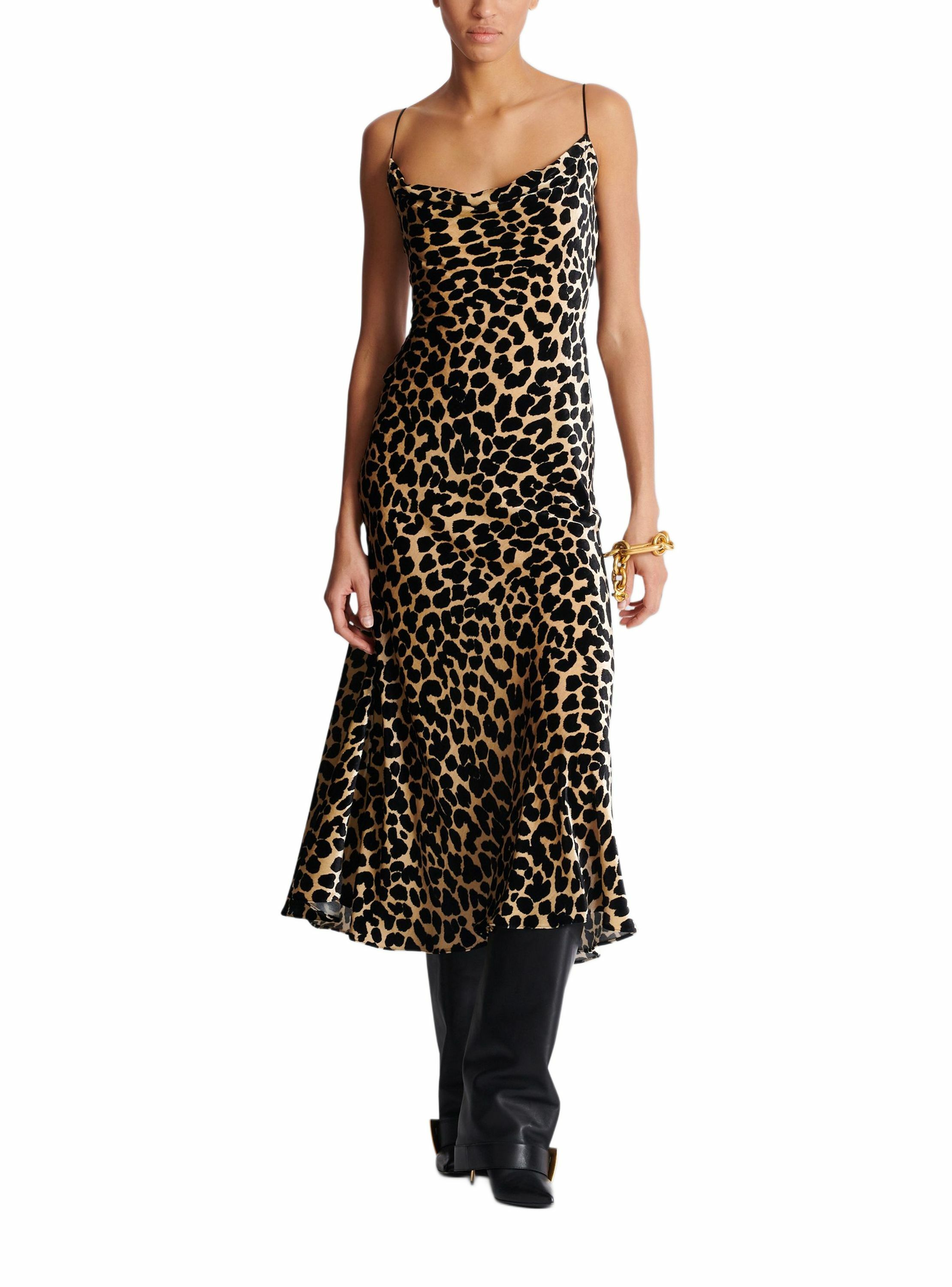 Robe fluide en velours imprimé motif léopard BALMAIN Noir